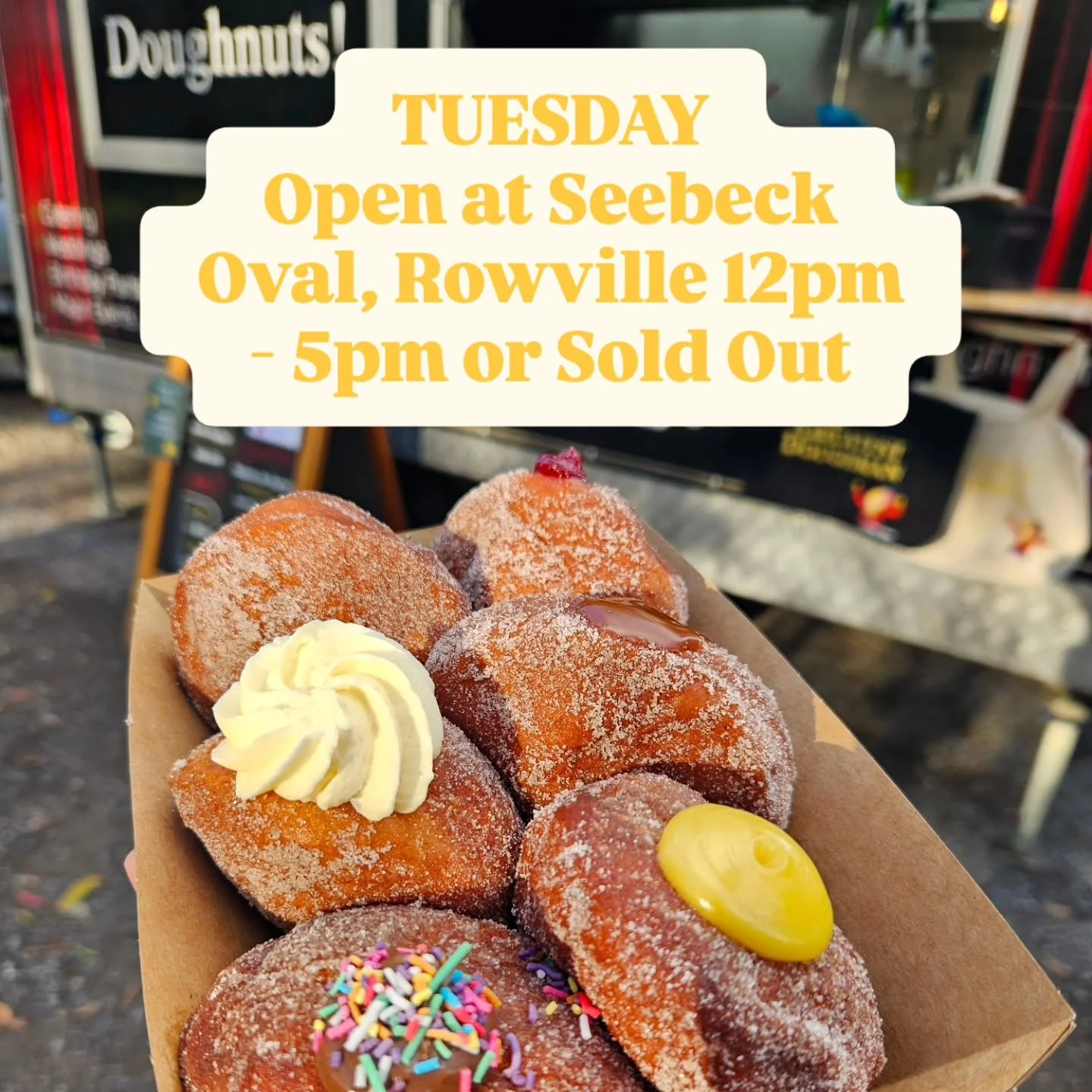 🍩✨ HEY ROWVILLE, WE&rsquo;RE BACK!!!✨🍩

You dough-nut want to miss this one! 😍🍩

We&rsquo;re back TODAY at Seebeck Oval, Rowville, serving up all the doughy goodness your heart desires! 🥳🍩💕

Our freshly made doughnuts will be flying out the do