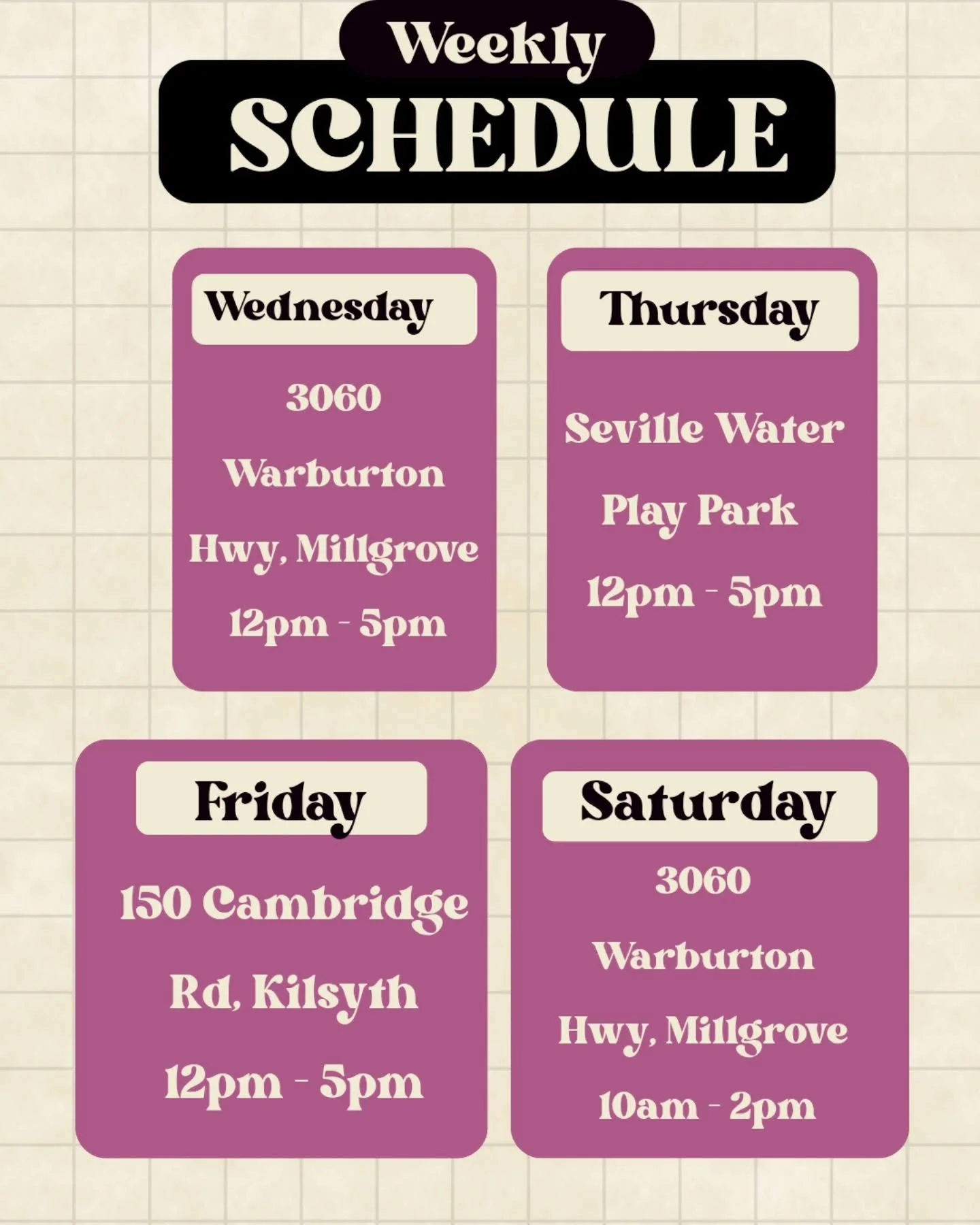🍩✨ THIS WEEK&rsquo;S LOCATIONS ARE HERE! 

Fresh doughnuts and lots of sugary goodness coming your way! 😍💖

We&rsquo;re popping up at these spots this week, so come say hi and grab yourself a delicious treat! 🍩🤤

📍 WEDNESDAY &ndash; MILLGROVE
?