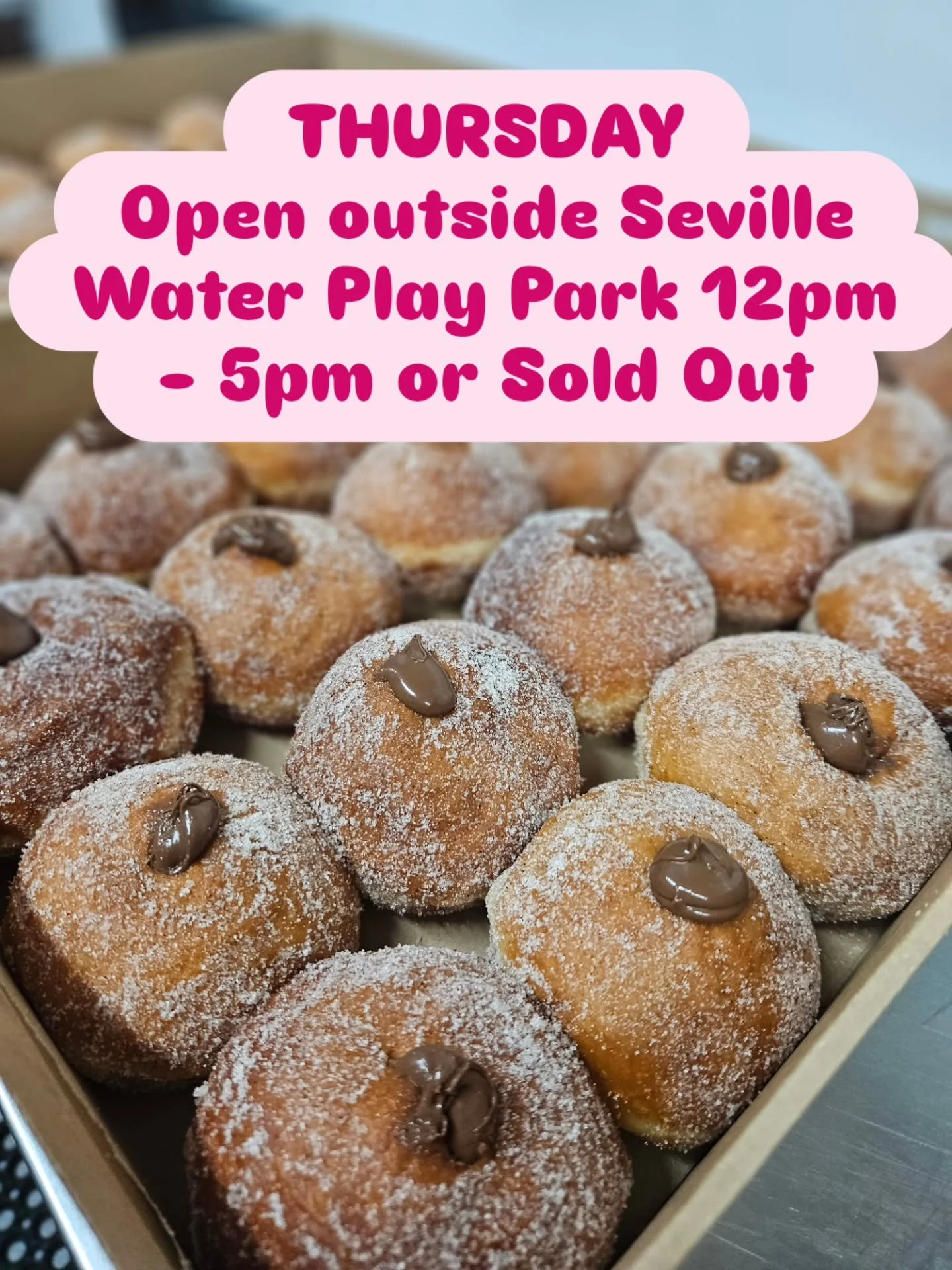 Good Morning Seville 🍩 We have missed you! 

📍Find us today outside Seville Water play park (roadside near the playground) and warm up your bellies with our made fresh to order doughnuts! 🤤 

We are open from 12pm - 5pm or Sold Out. We can't wait 