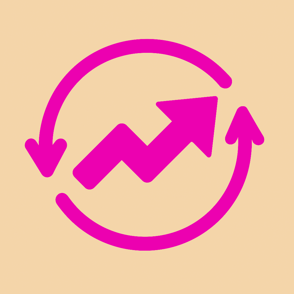 Pink upward trending arrow with circular arrows around it on a beige background.