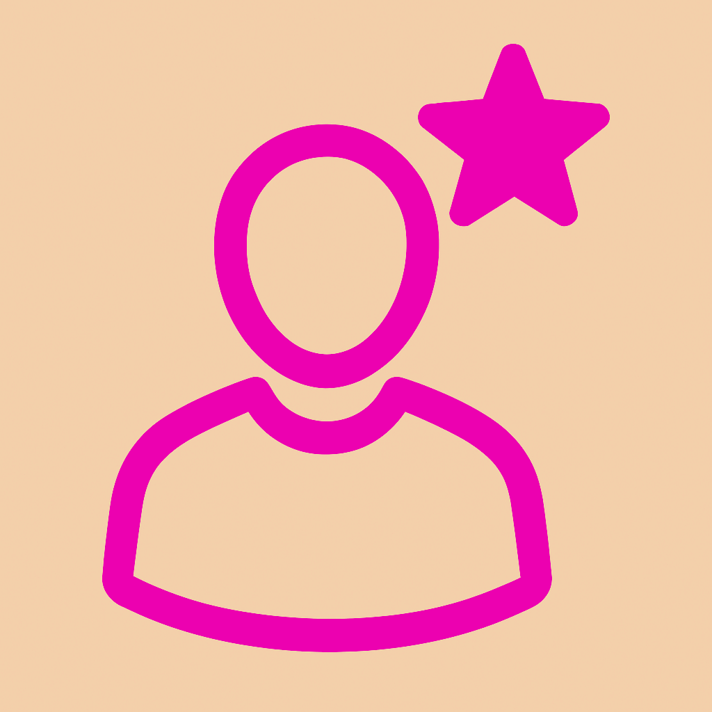 Pink outline of a person with a star next to their head on a light beige background.