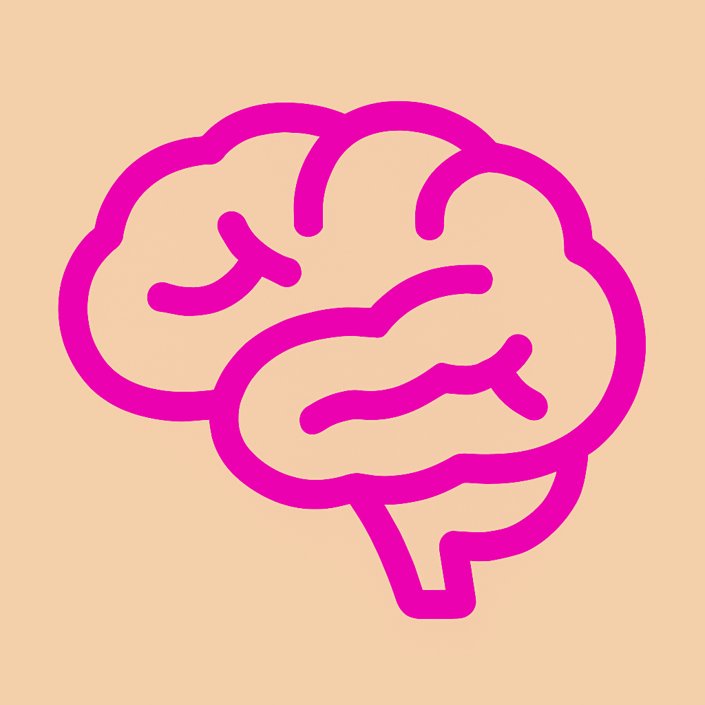 Simple line drawing of a human brain in pink on a beige background.