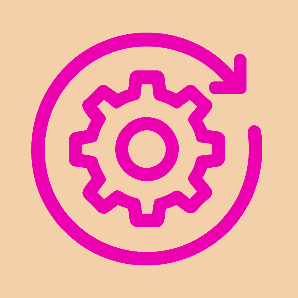 Pink gear icon with circular arrow around it on a beige background.