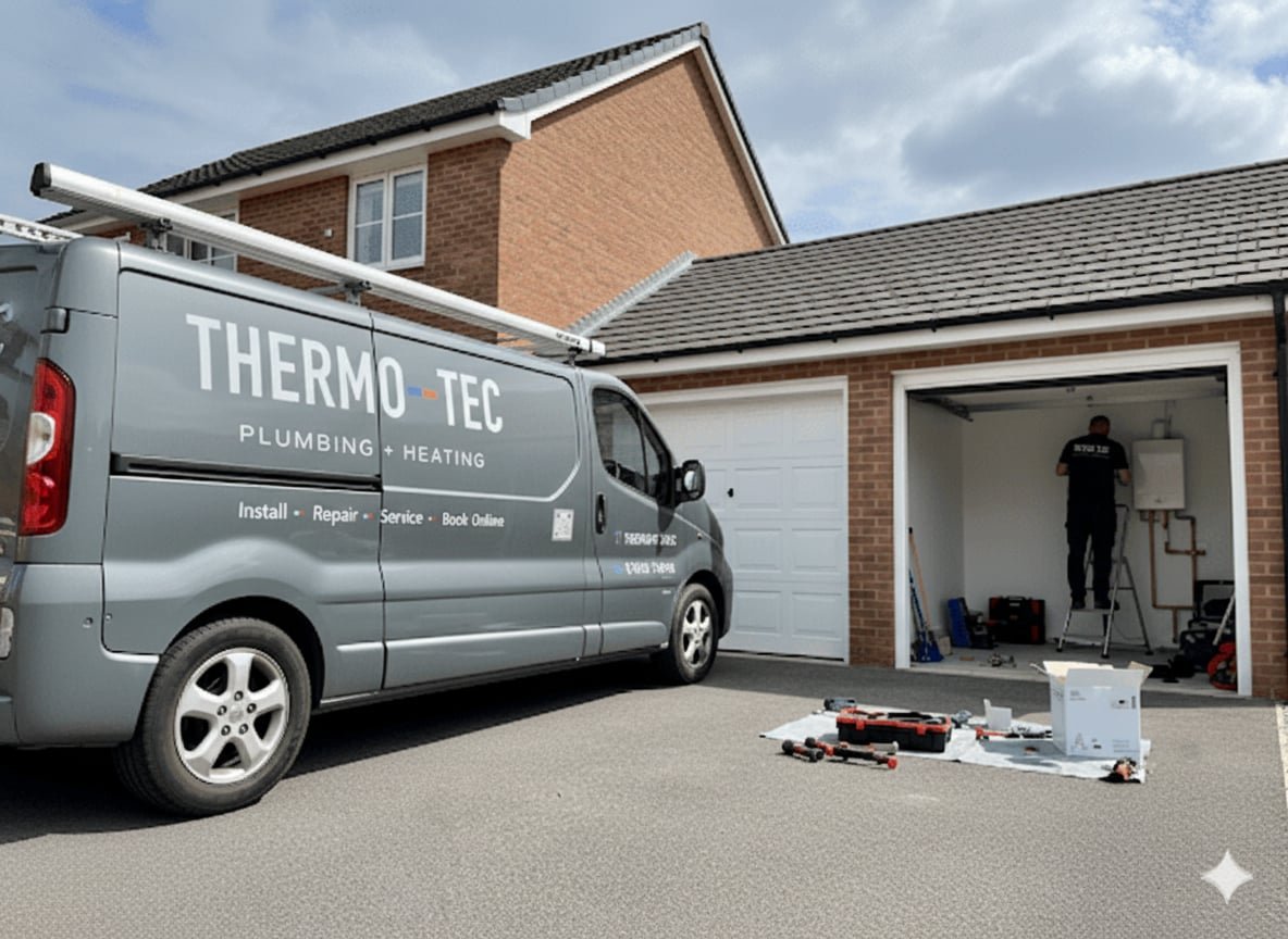 thermotec plumbers wokingham van parked on a drive in wokingham installing a boiler in a garage