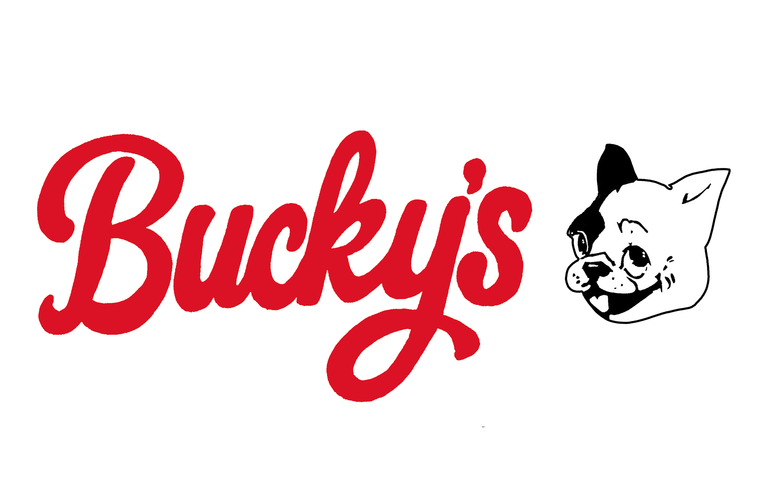 Design with the word 'Buckeye' in red cursive font and a black and white illustration of a dog leaning its head on the letter