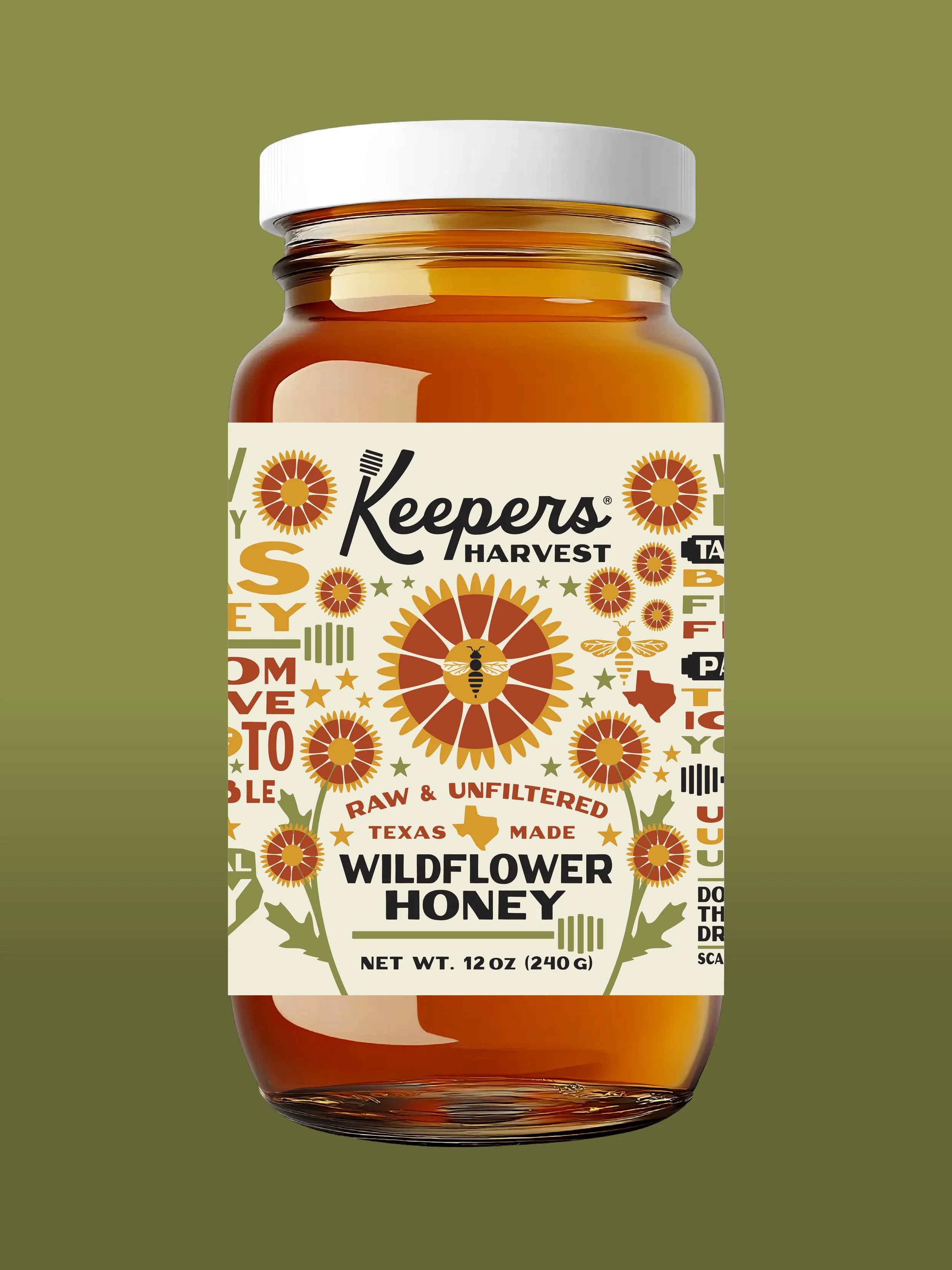 Mock up of jar of honey labeled "High-Quality Raw Honey Keepers Harvest" designed on solid green background to focus on the label design..