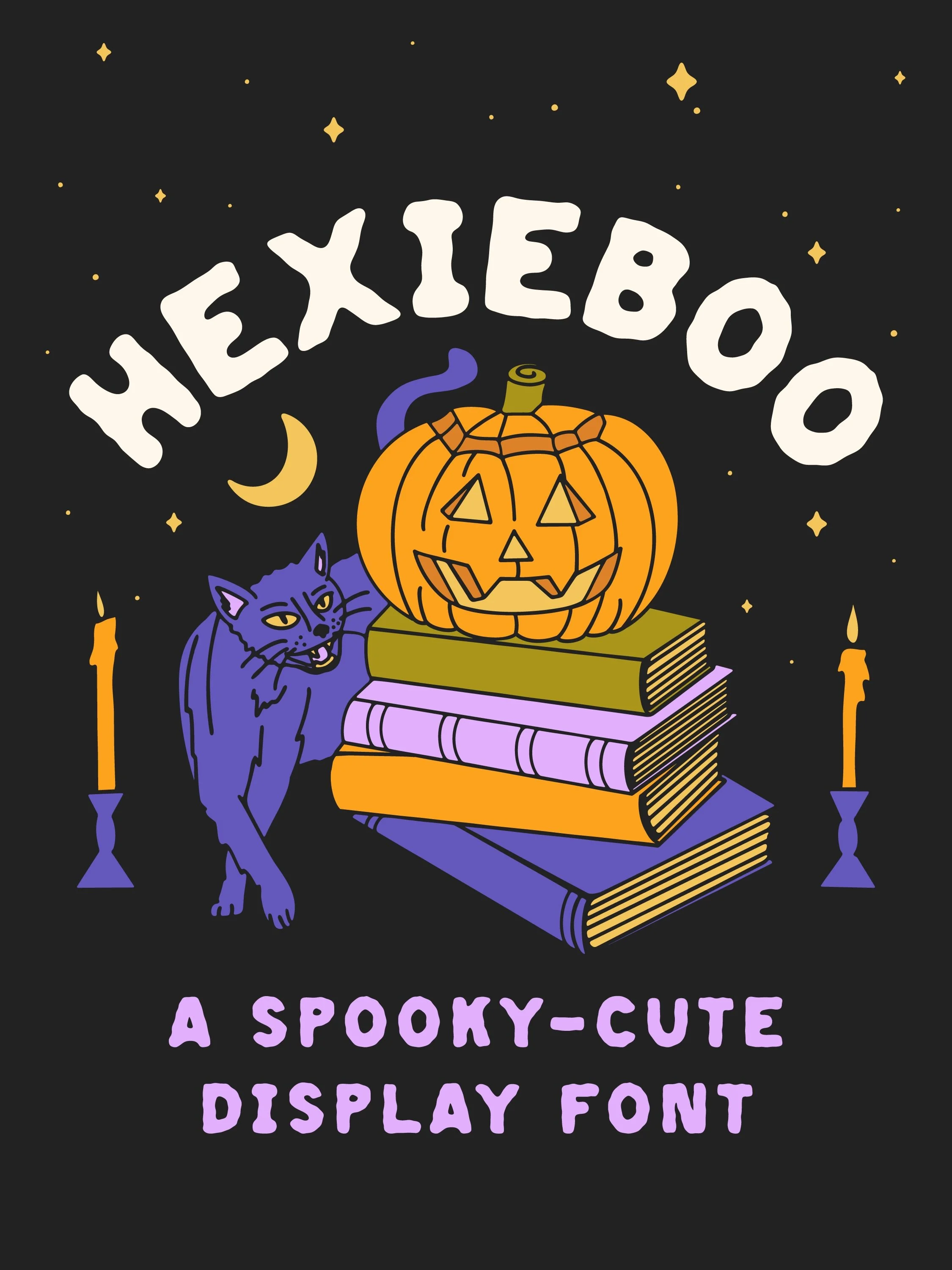 ✨Hexieboo is a whimsical, hand-drawn display font full of spooky-cute charm! With slightly wonky lines, Hexieboo is perfect for magical branding, seasonal stickers, party invites, book covers, and more.✨

Available on my website and Creative Market n