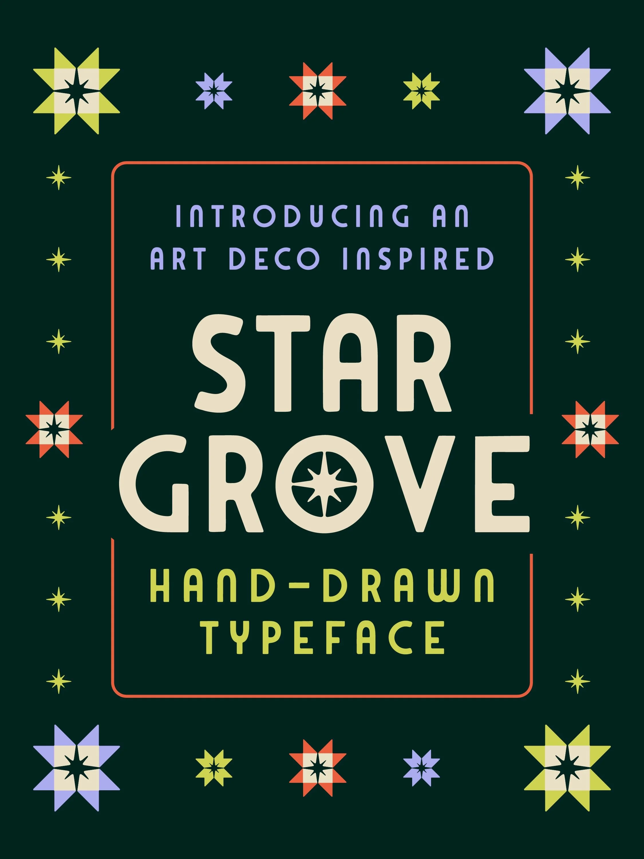 STARGROVE TYPEFACE⭐️

When designing this typeface, I had Art Deco geometric shapes in mind, but I wanted the font to feel more lived-in than the typical Art Deco look. So I gave the letters a few more arches and curves to add some charm and whimsy. 