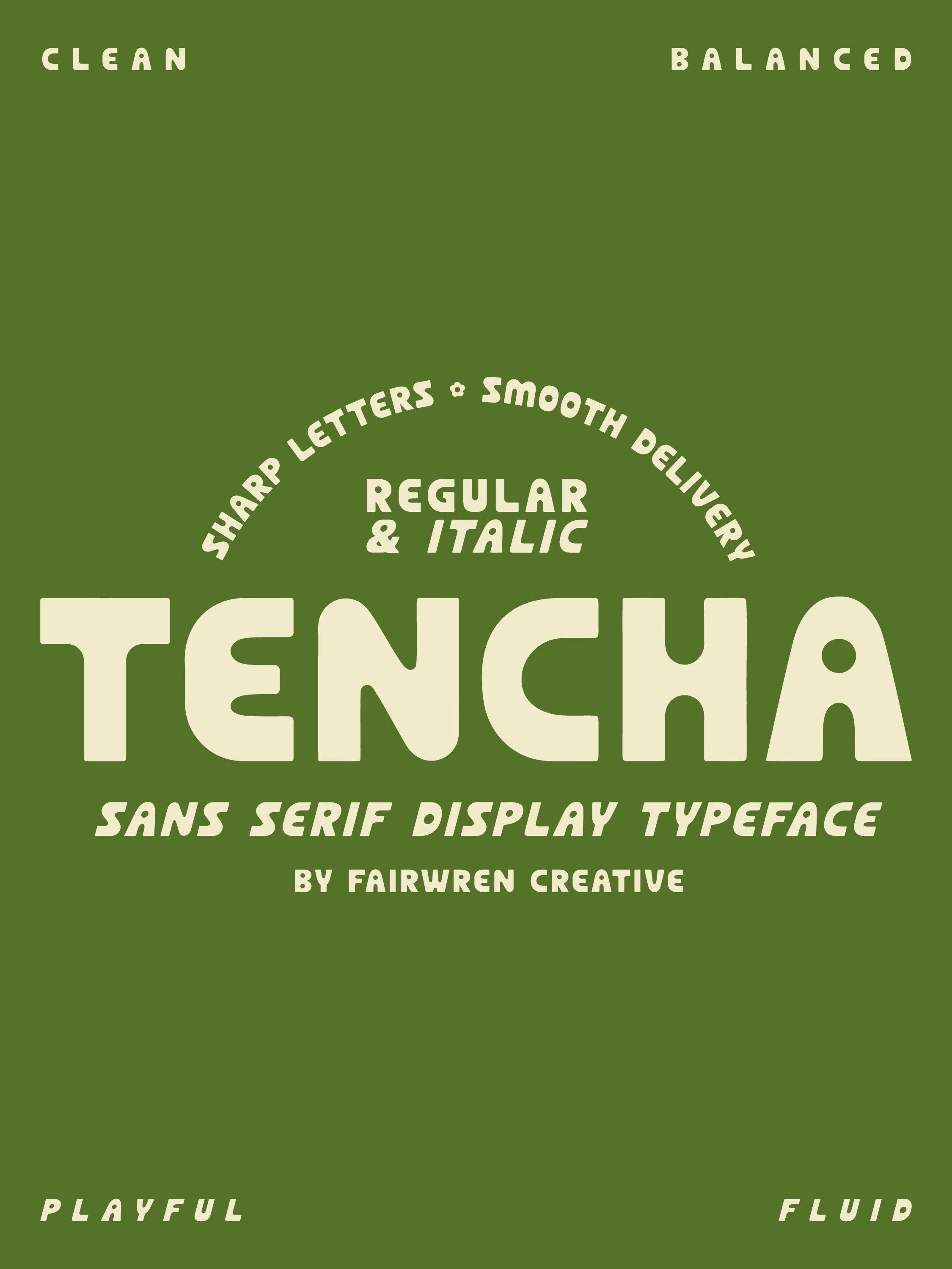 Introducing TENCHA! 🍵💚🌱

Tencha is my newest sans serif typeface in both regular and italic styles. This display has bold forms that are clean and playful, making it perfect for logos, headlines , and social media graphics.

Now availble on my web