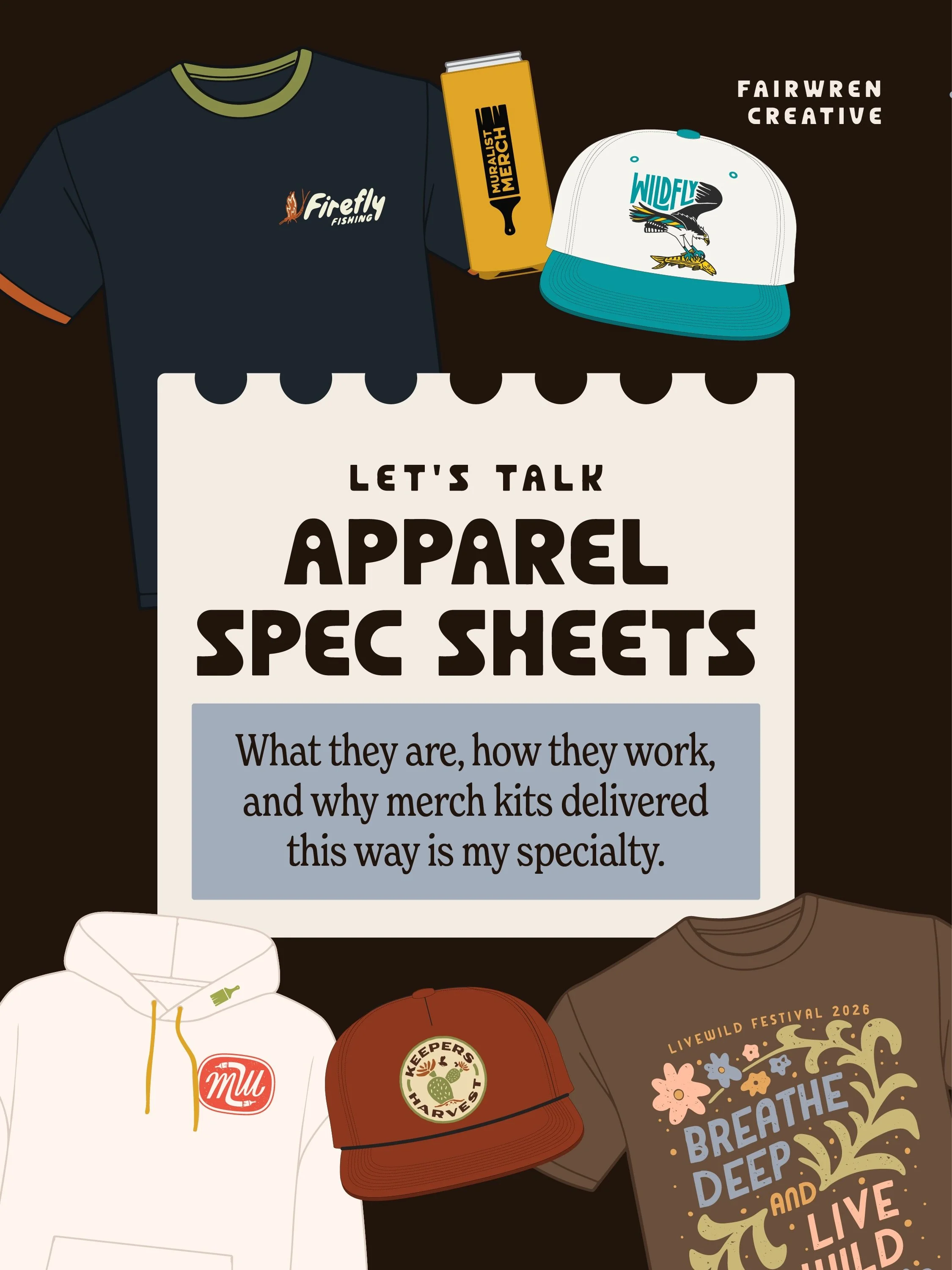 Let&rsquo;s talk Apparel Spec Sheets.

This is my creative handoff document for every design project involving merch. Each spec sheet maps out everything: garment specs, materials, embellishment methods (DTG, screenprint, or embroidery), Pantone refe