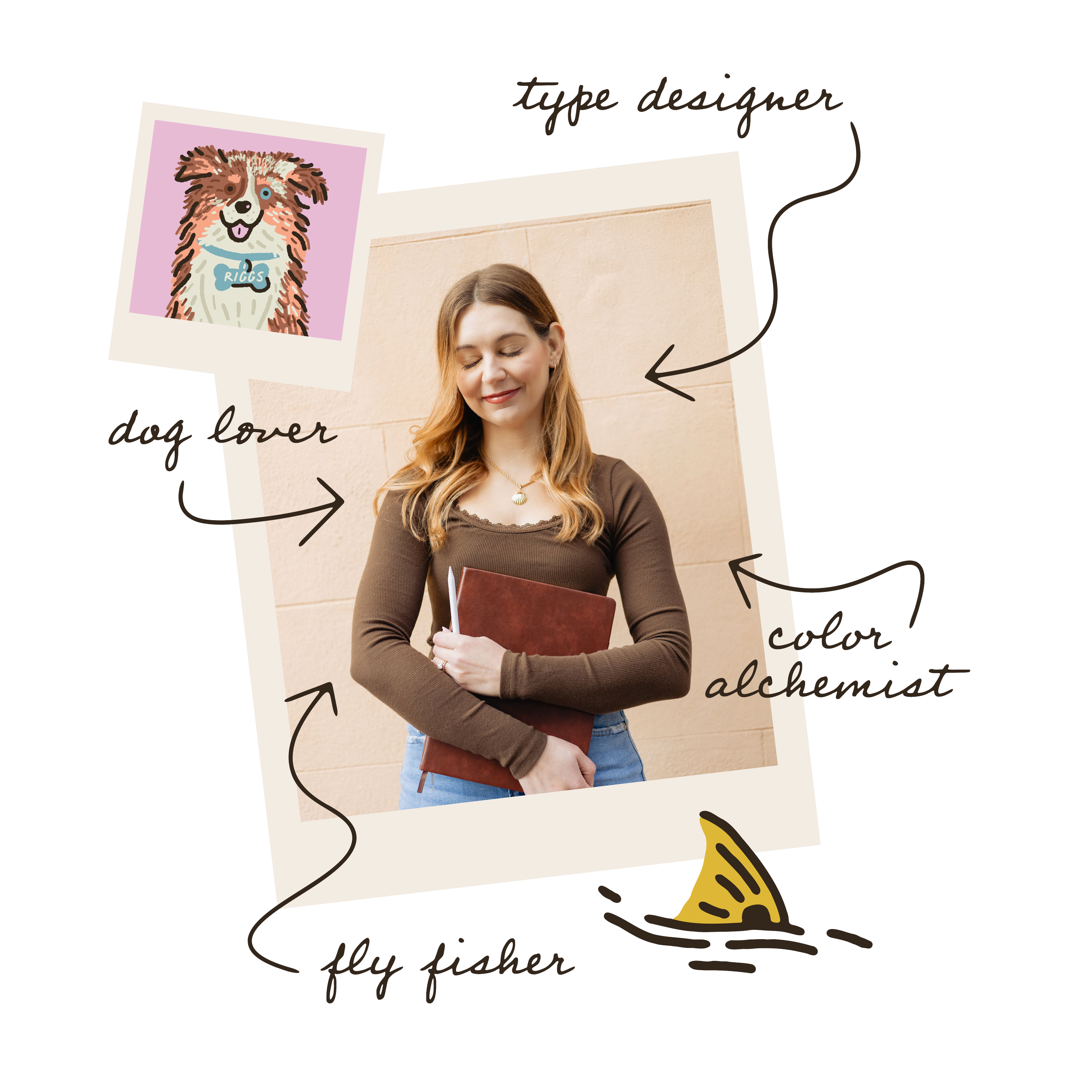 A woman with light brown hair, wearing a brown top, holding a notebook, standing against a beige wall.