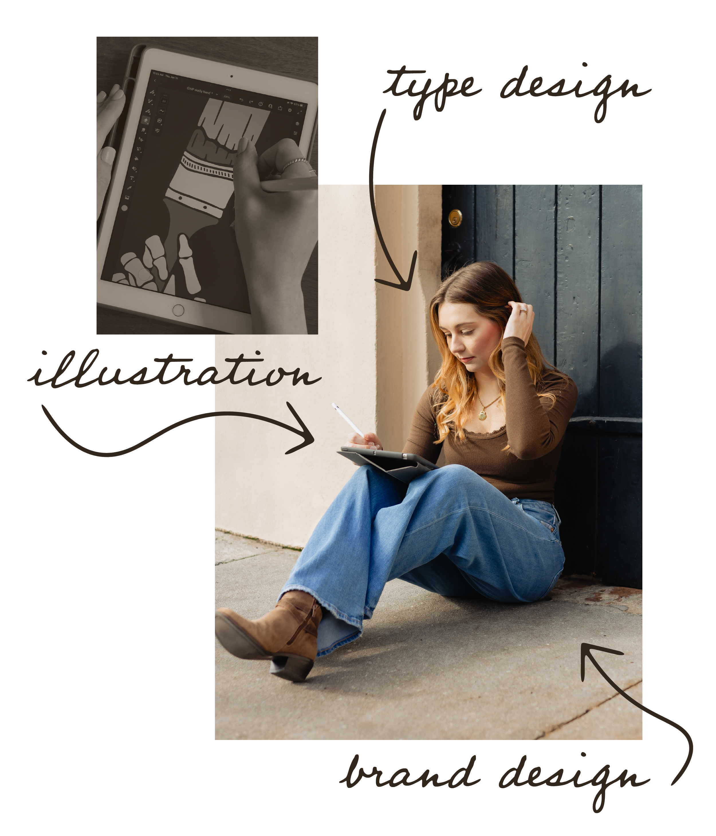 A young woman sitting outside on the ground, working on a digital device with a stylus, with labels pointing to her entire brand design and illustration work.