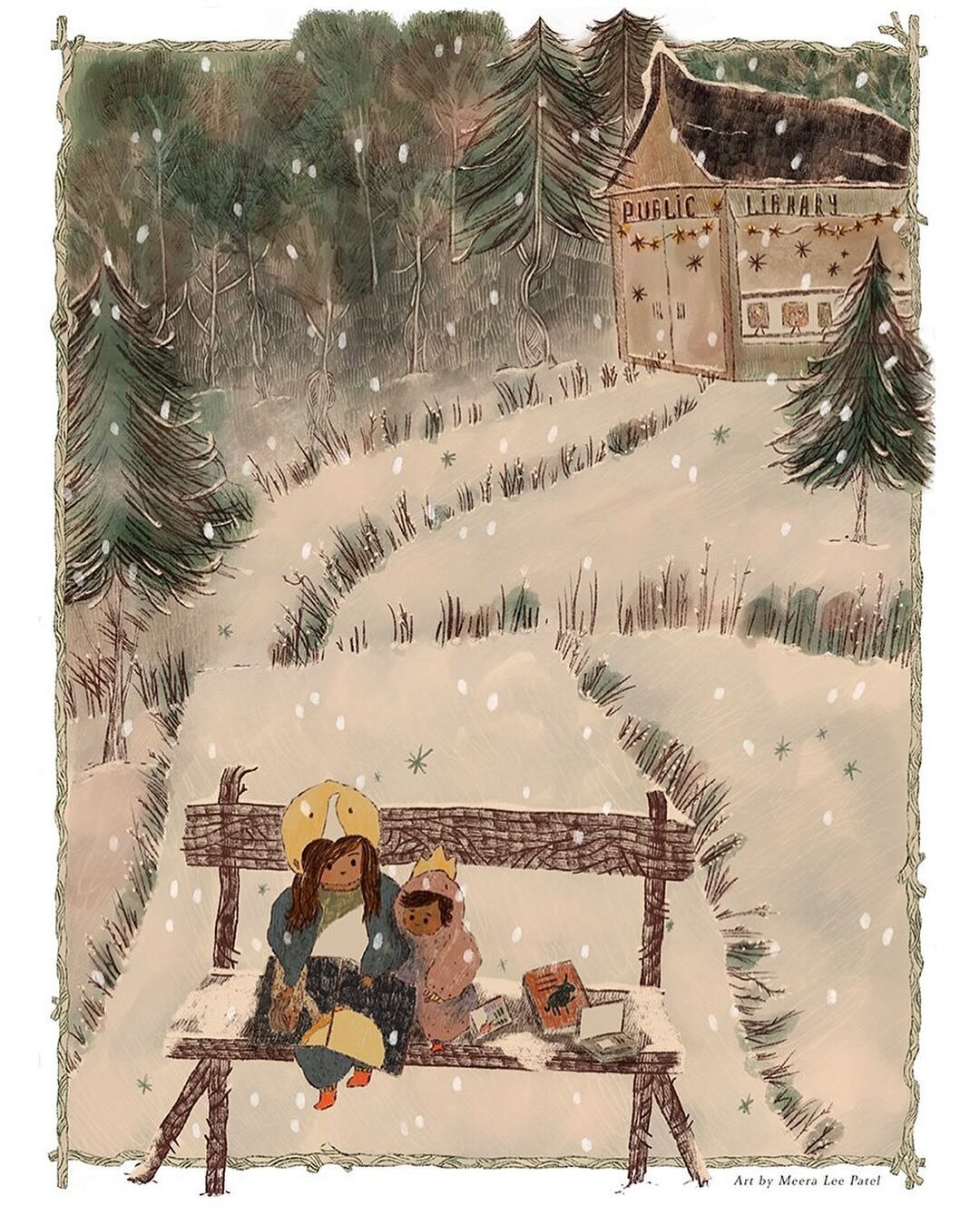snow, sisters, and The Greatest Treasure there ever was (reading), featuring some of our favorite banned books. ✨  #process #meeraleepatel #childrensbookillustration #picturebookillustrator #coloredpencilart #winterillustration #bannedbooks