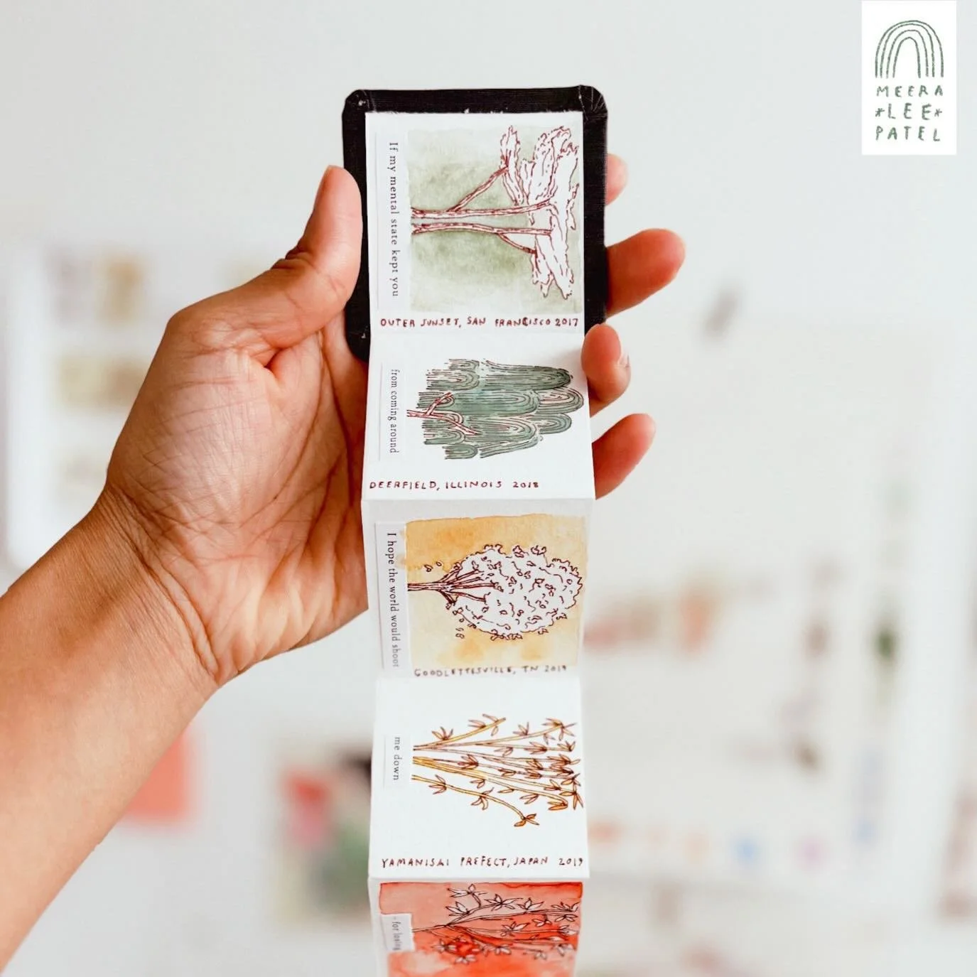 a tiny book of trees for @trevorlburbank. tall, skinny, brooding, majestic; old, young, spindly, ordinary. we loved them all. watercolor, ink, and golden leaf. #meeraleepatel #tinybook #treeillustration #illustration #watercolor