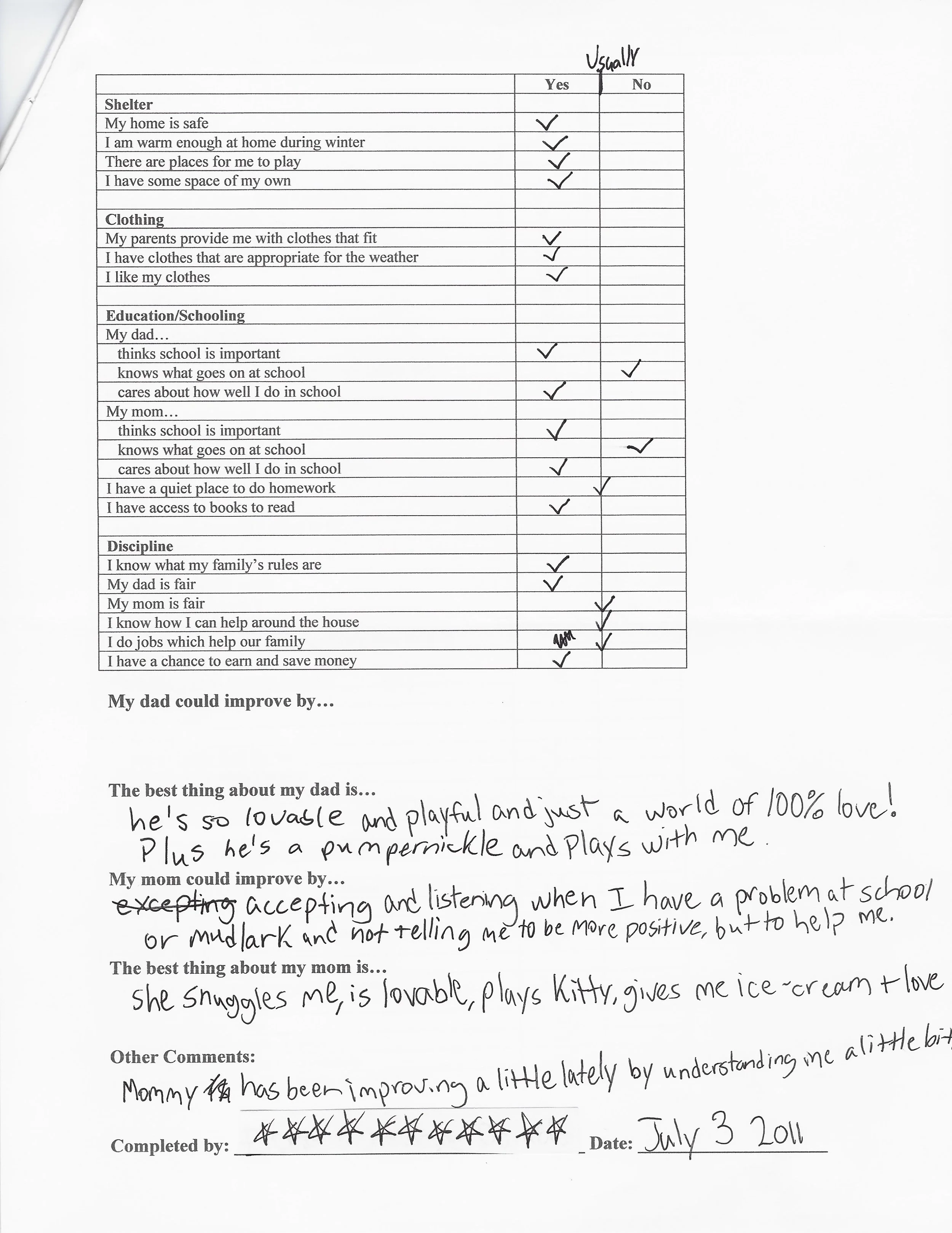 Page two of a document with checkmarks "Yes" or "No" and list of items