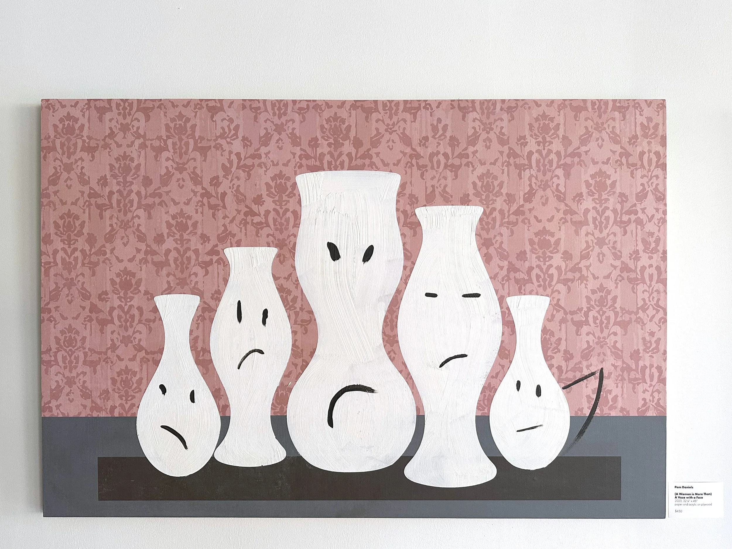 artwork with pink and grey background with curvy white vases in foreground