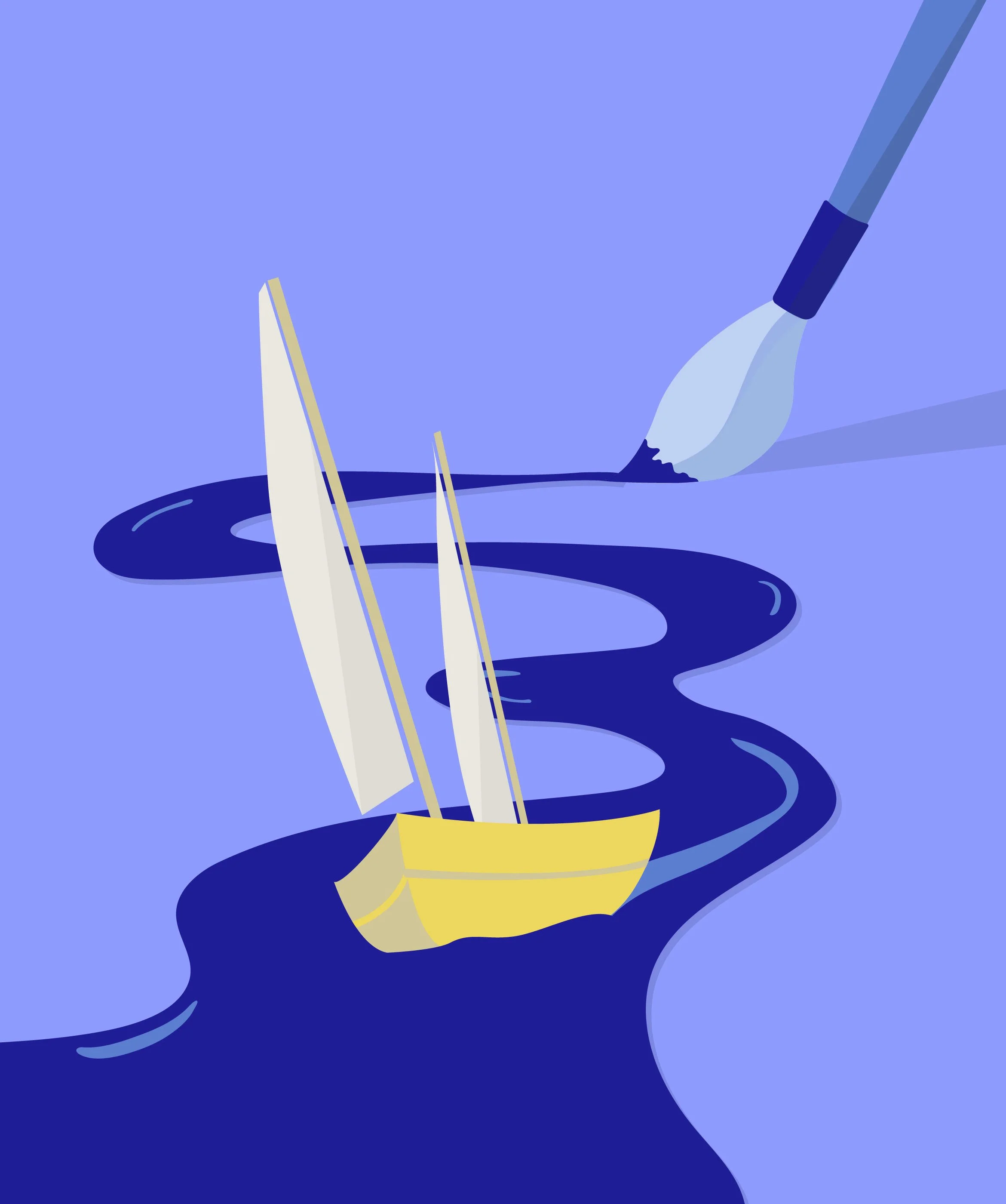 Illustration of a paintbrush painting a river of blue paint, with a bright yellow sailboat sailing through the blue paint trail