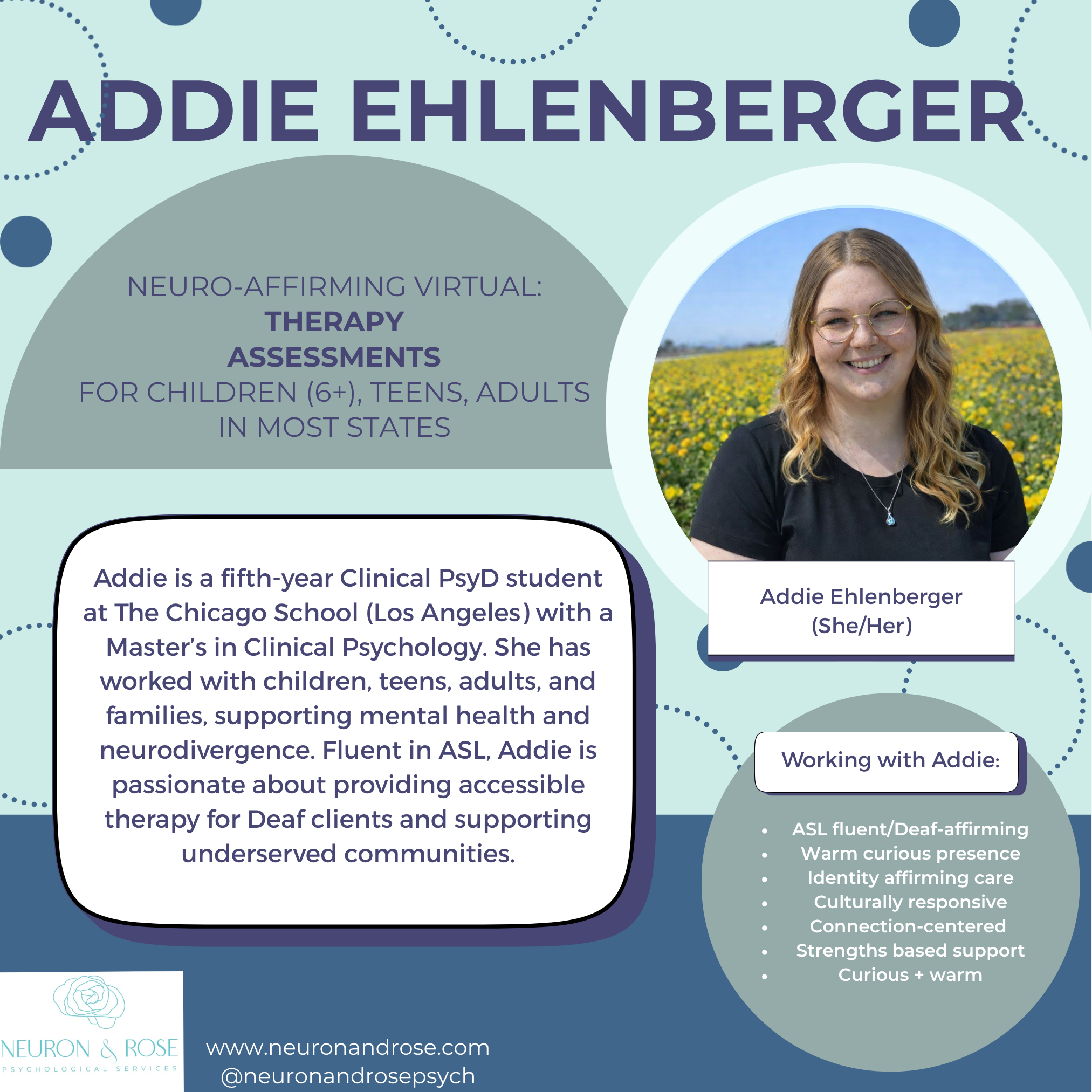meet the clinican addie ehlenberger, neuroaffirming therapist and evaluation assessment clinican. neuroaffirming, curious, warm, identity-affirming, ASL, deaf-affirming
