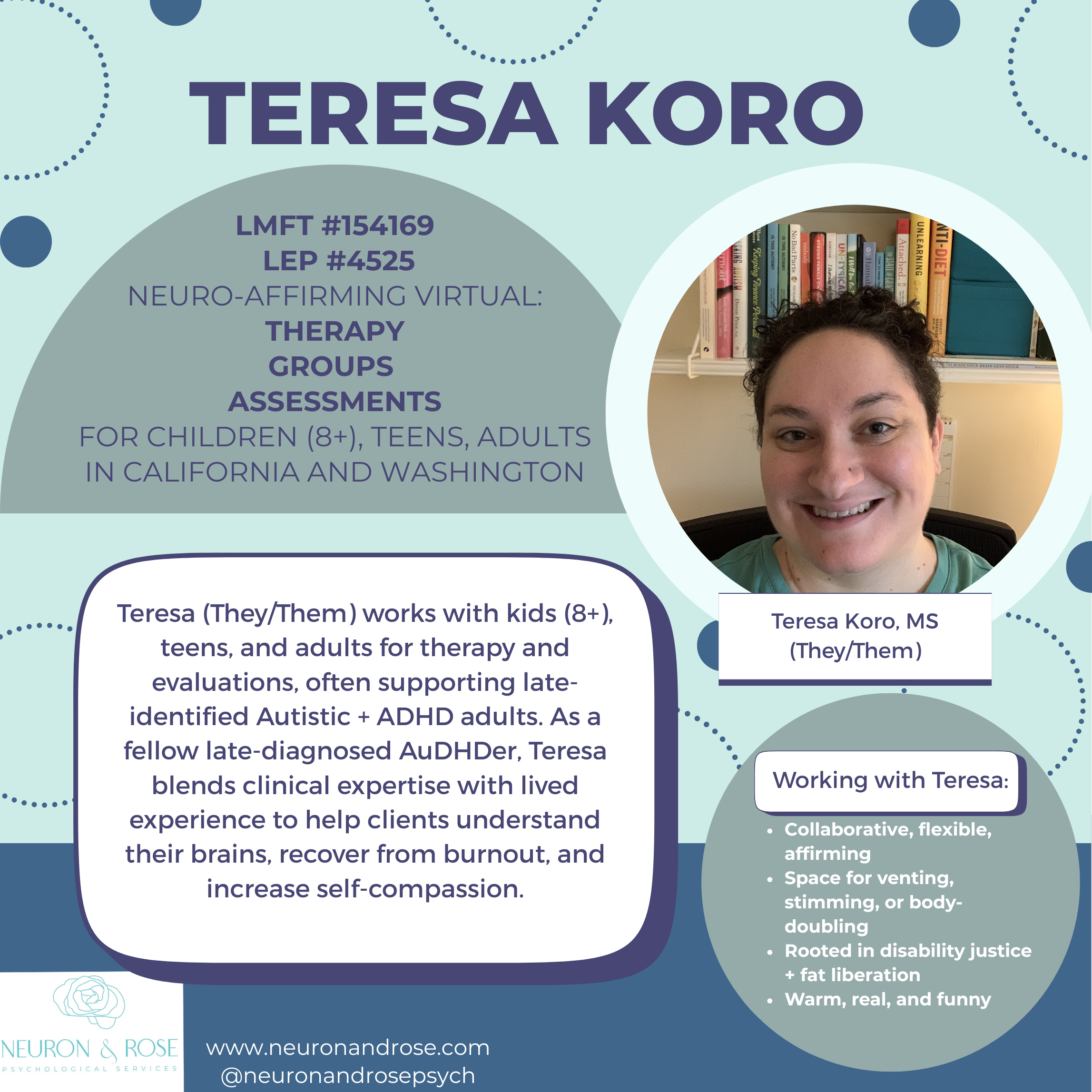 teresa koro they/them works with kids (8+), tens and adults for therapy and evaluations, often supporting late-diagnosed autistic and ADHD adults. as a fellow late-diagnosed AuDHDer, teresa blends clinical expertise with lived experience.