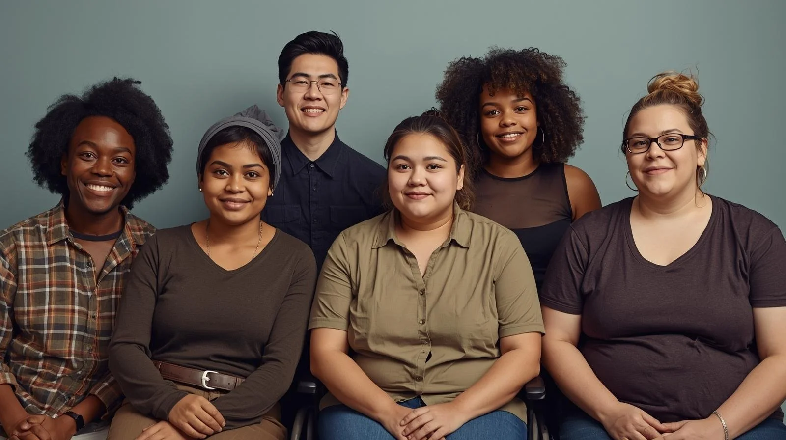Multicultural group of disabled people sitting together.