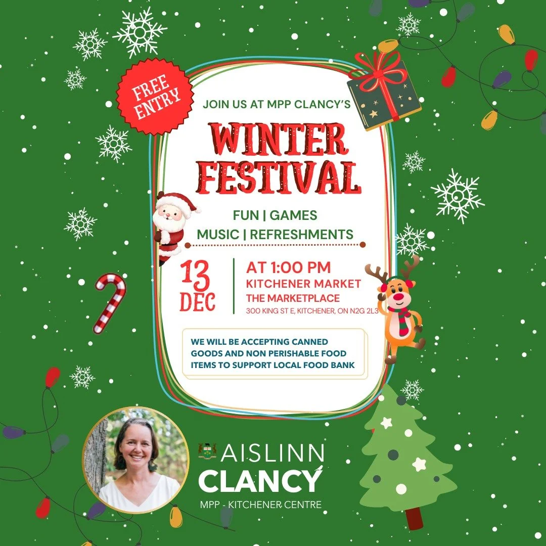 Join us for our annual Winter Festival on December 13 at 1 p.m. at the Kitchener Market (300 King St East, Kitchener).

Come enjoy fun games, music, refreshments, and, of course, a special visit from Santa! Bring your family and friends for a free ce