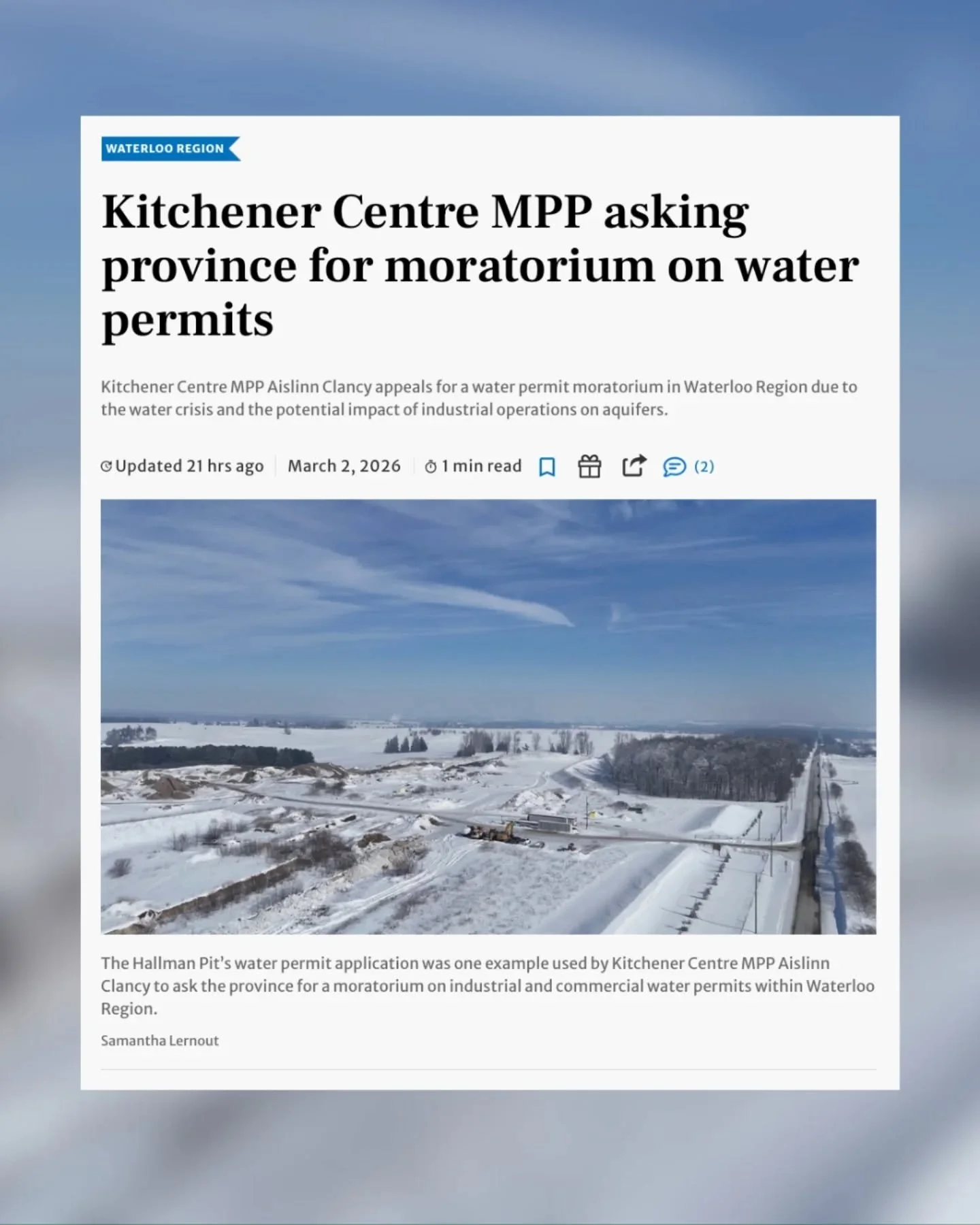 At a time when we're faced with how valuable our ground water is to the future of our community we can't afford to let gravel pits and quarries drain the aquifers that we rely on.

We need to protect our water for our people and our communities.

Rea