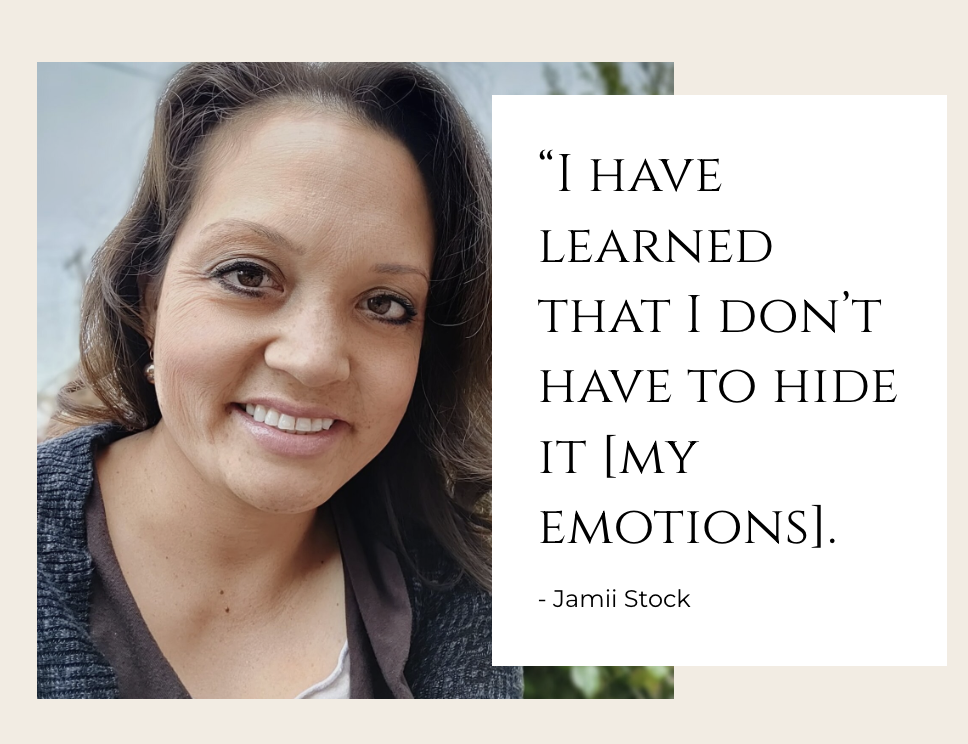 Woman smiling with quote about expressing emotions by Jamii Stock.