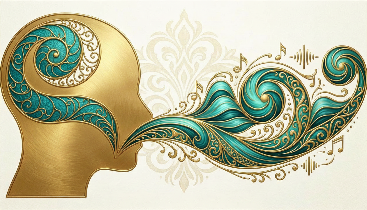 Voice Magic logo depicting the human voice as an alchemical transformation.