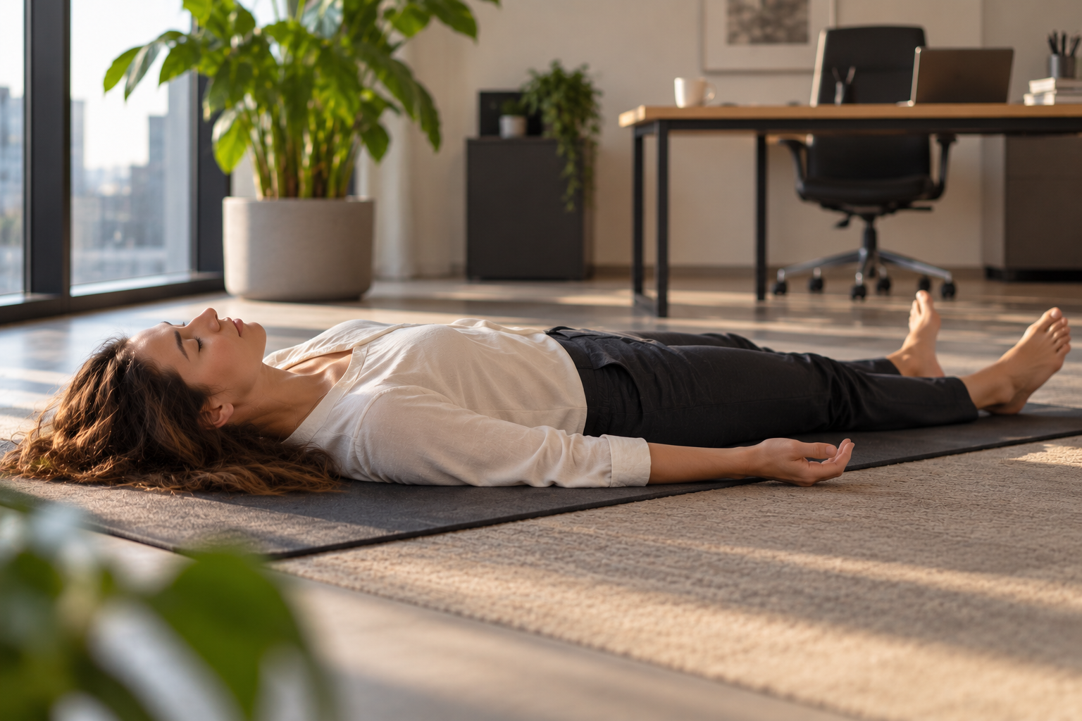 Ontspannen persoon yoga nidra op tapijt liggend