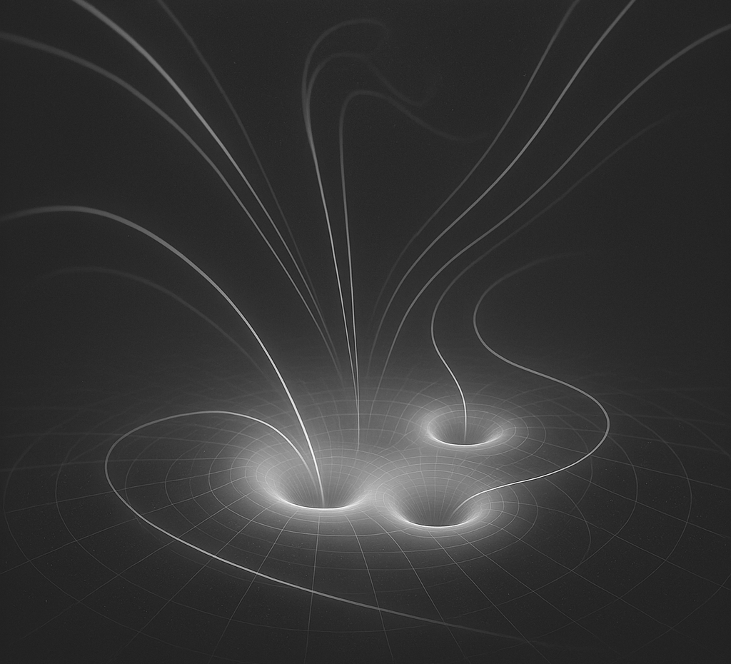 Depiction of space-time warping around black holes with curved lines illustrating gravitational effects.