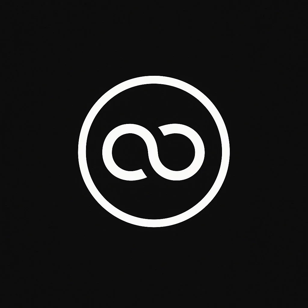 White logo with a circular border and two interconnected loops inside on a black background.