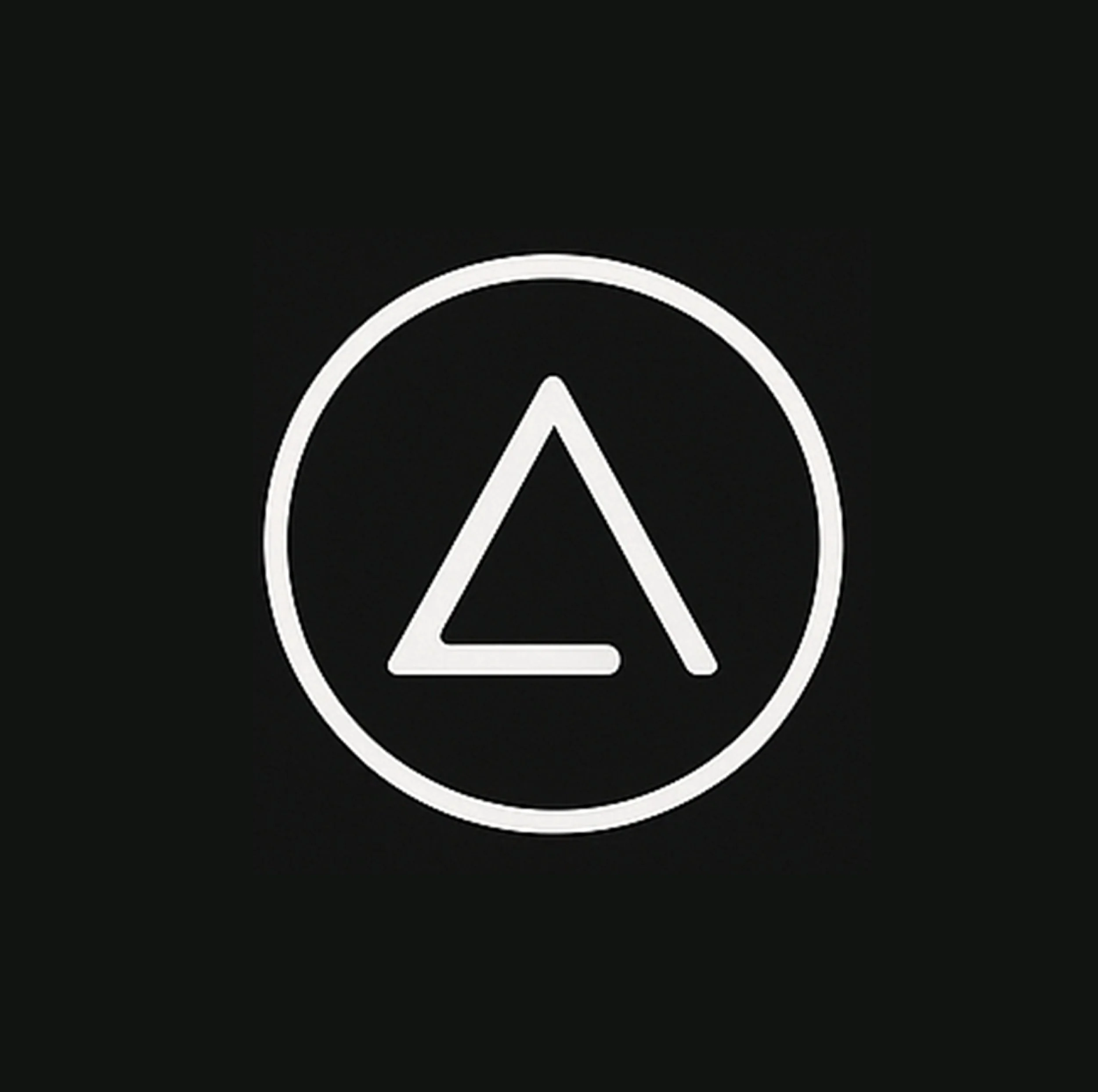 Neon sign displaying a minimalist logo with a triangle and a stylized 'A' shape inside a circle on a black background.