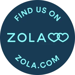 Circular blue logo with light blue text that says "FIND US ON ZOLA ZOLA.COM".