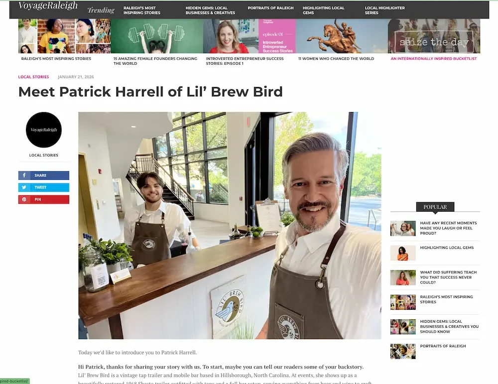 The front page of Voyage Raleigh magazine featuring an article about Lil' Brew Bird.