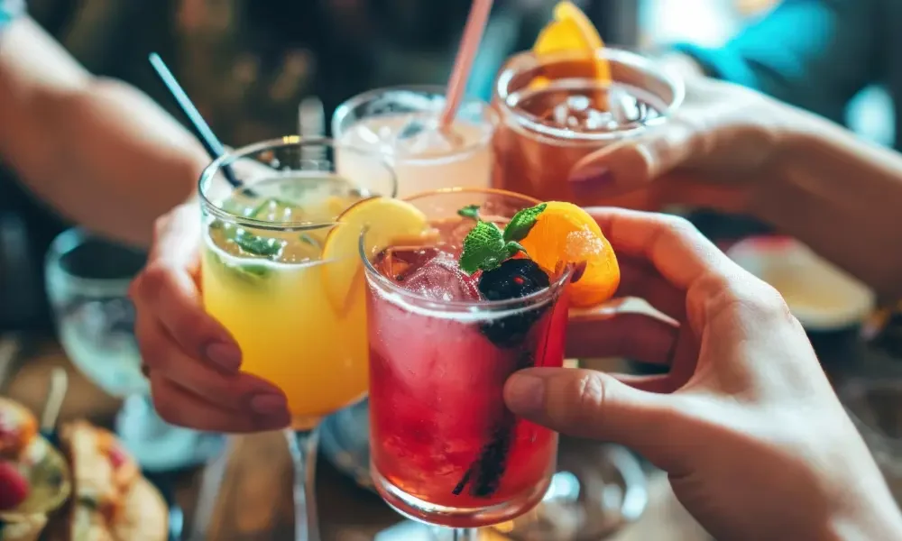 Three people clinking glasses with colorful cocktails at a social gathering.
