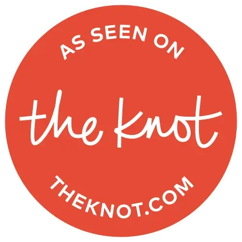 Red circular badge with white text that reads "As seen on theknot.com" and a handwritten-style "the knot" in the center.