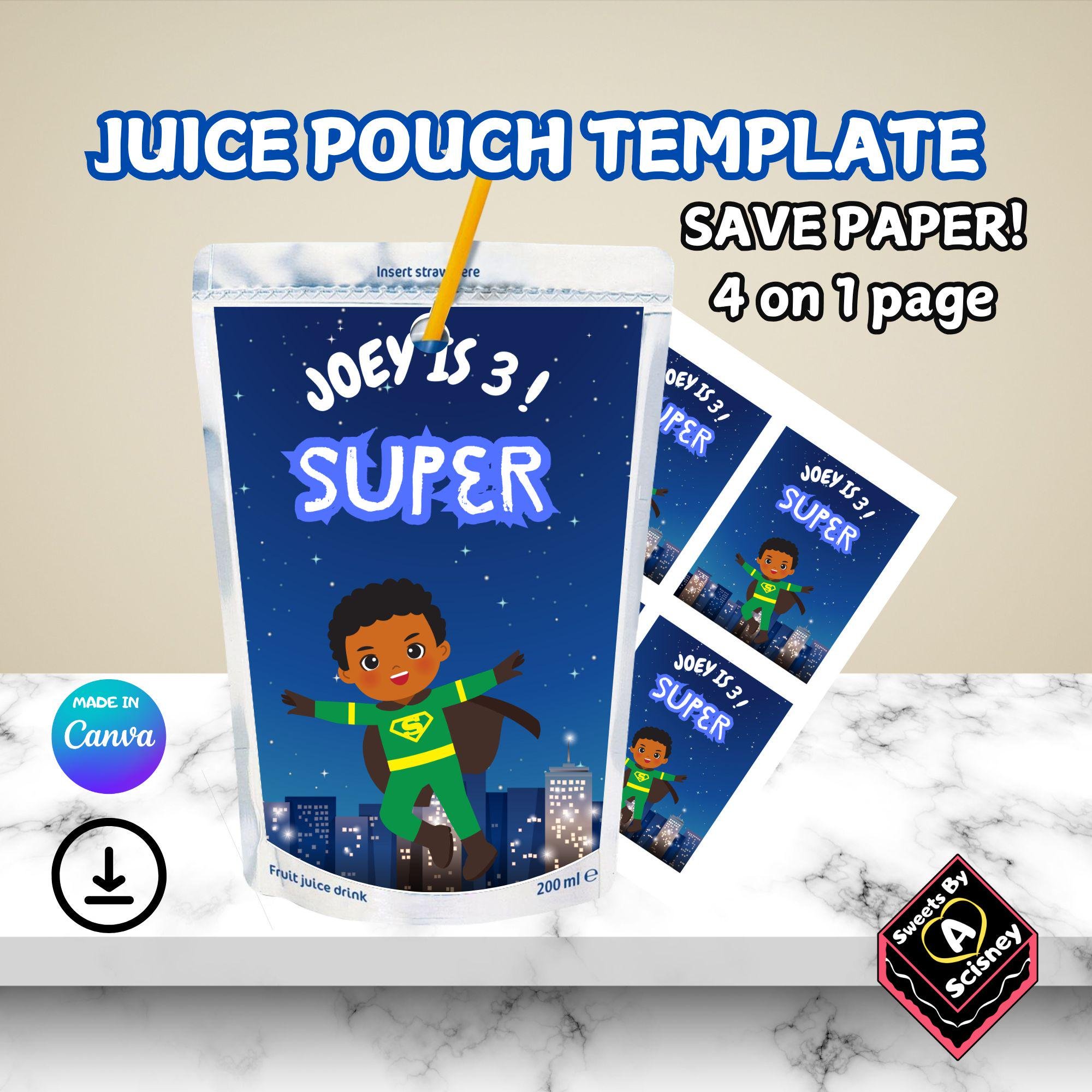 Super Boy Birthday Juice Pouch Template, Editable Superhero Party Favor, DIY Printable, Instant Download