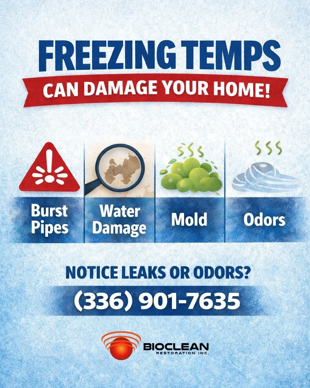 ❄️ Freezing temperatures can cause serious damage to your home, from frozen or burst pipes to hidden water damage and mold.

If you notice leaks, water stains, or unusual odors, contact us right away to prevent further damage: fromdamagetodone.com