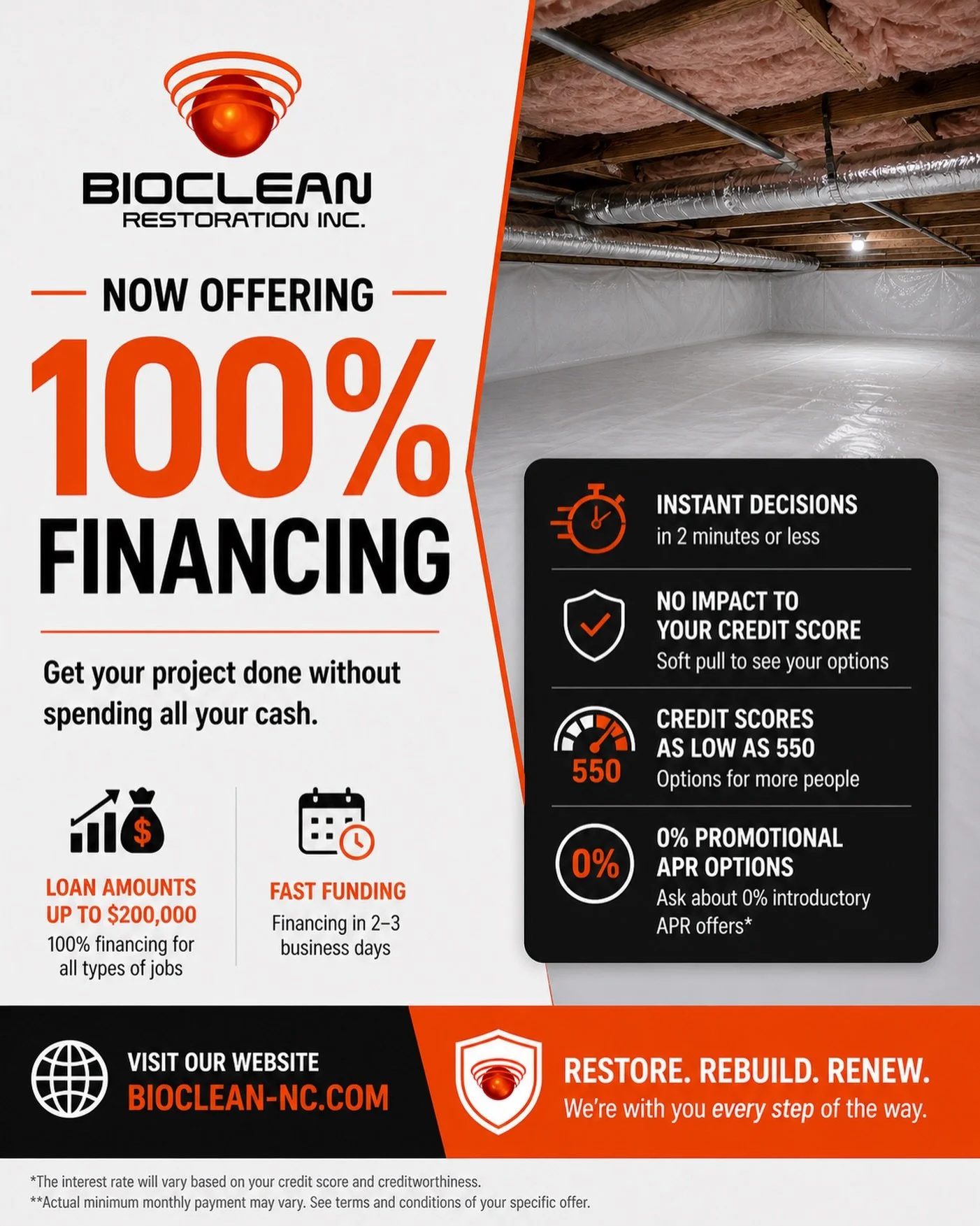 Big repairs don&rsquo;t have to wait. With 100% financing options, you can move forward now and pay over time without the upfront stress. Visit bioclean-nc.com to see your options today.