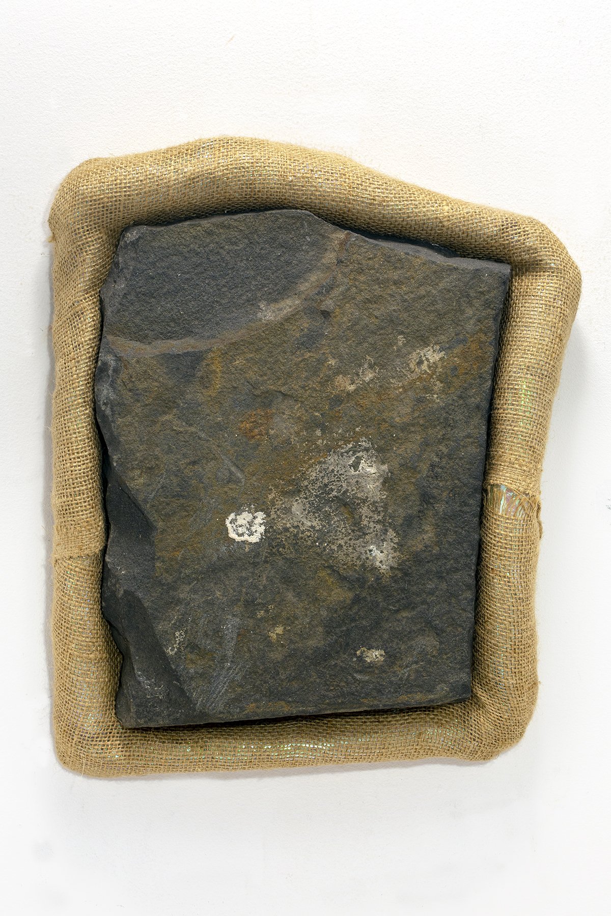 Bird, 2019.
Stone, concrete, burlap, iridescent cellophane.
12 x 3 x 14 in