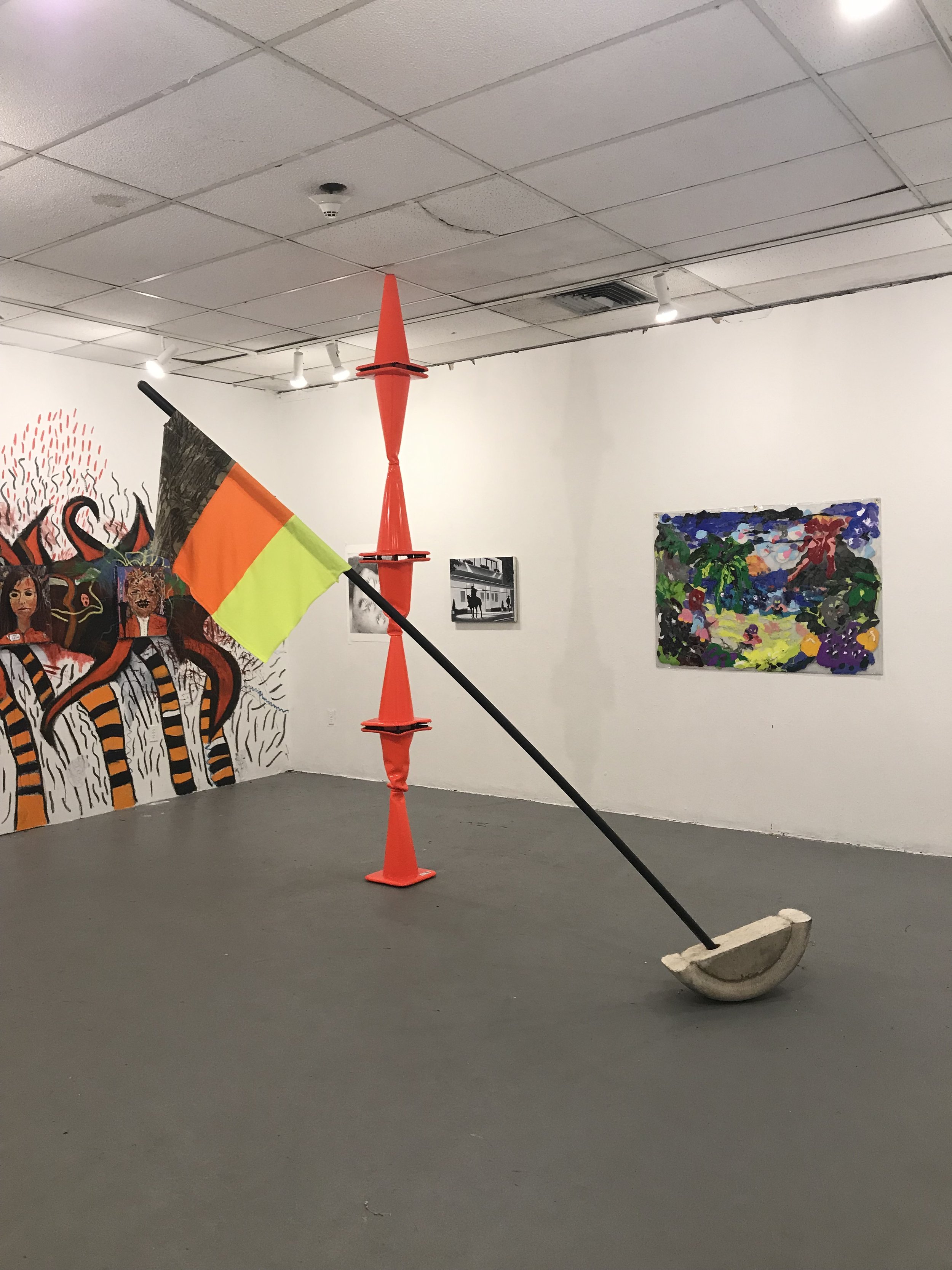Flag, 2018. (Purchase College MFA Show "New Car Smell")
Fabric, poplar rod, concrete.
74 x 8 x 60 in