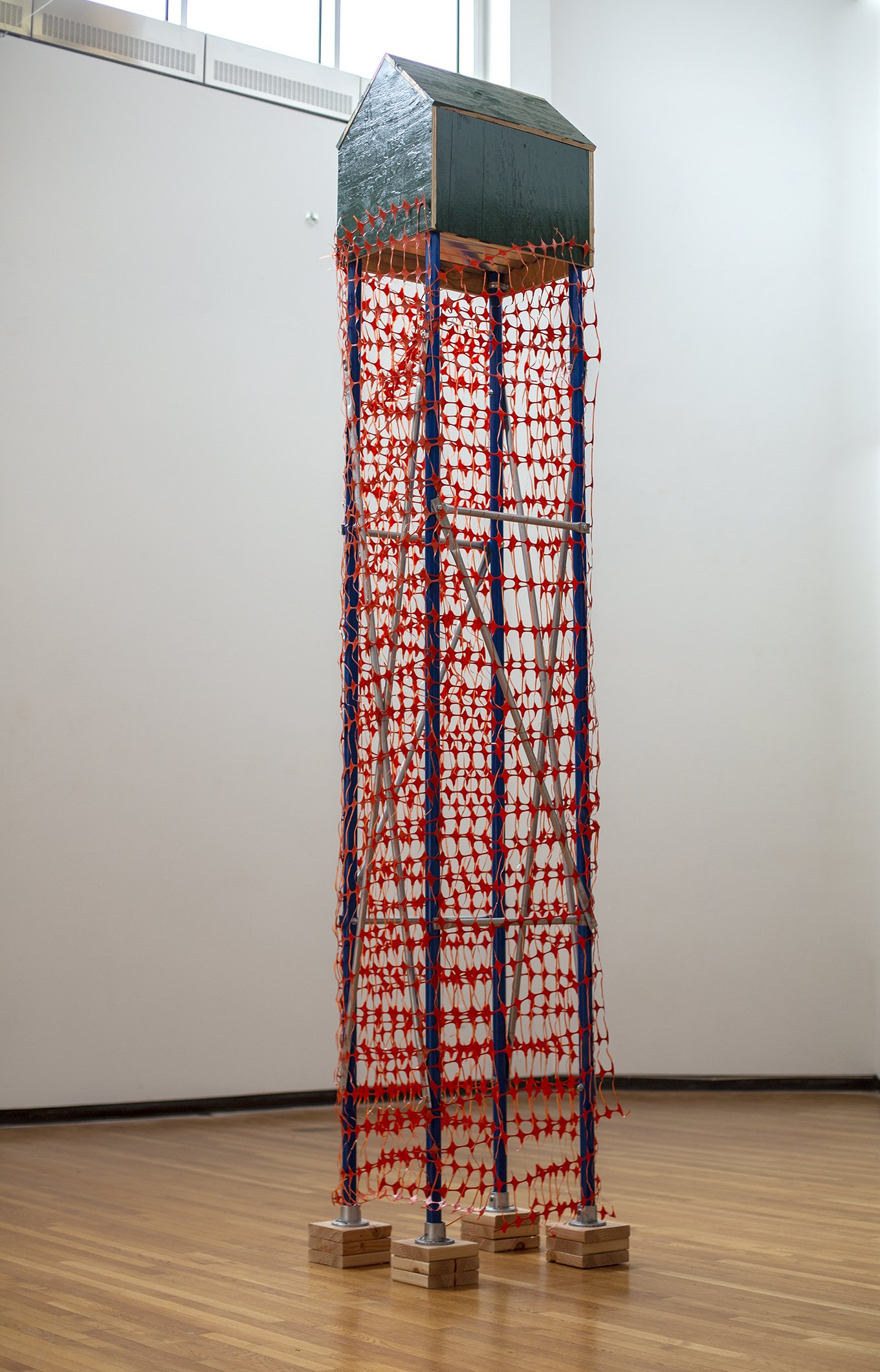 Scaffold, 2020. (Purchase College MFA Show "Creatures Such as We")
Plywood, metal pipe, hazard fencing, douglas fir, hardware.
20 x 20 x 144 in