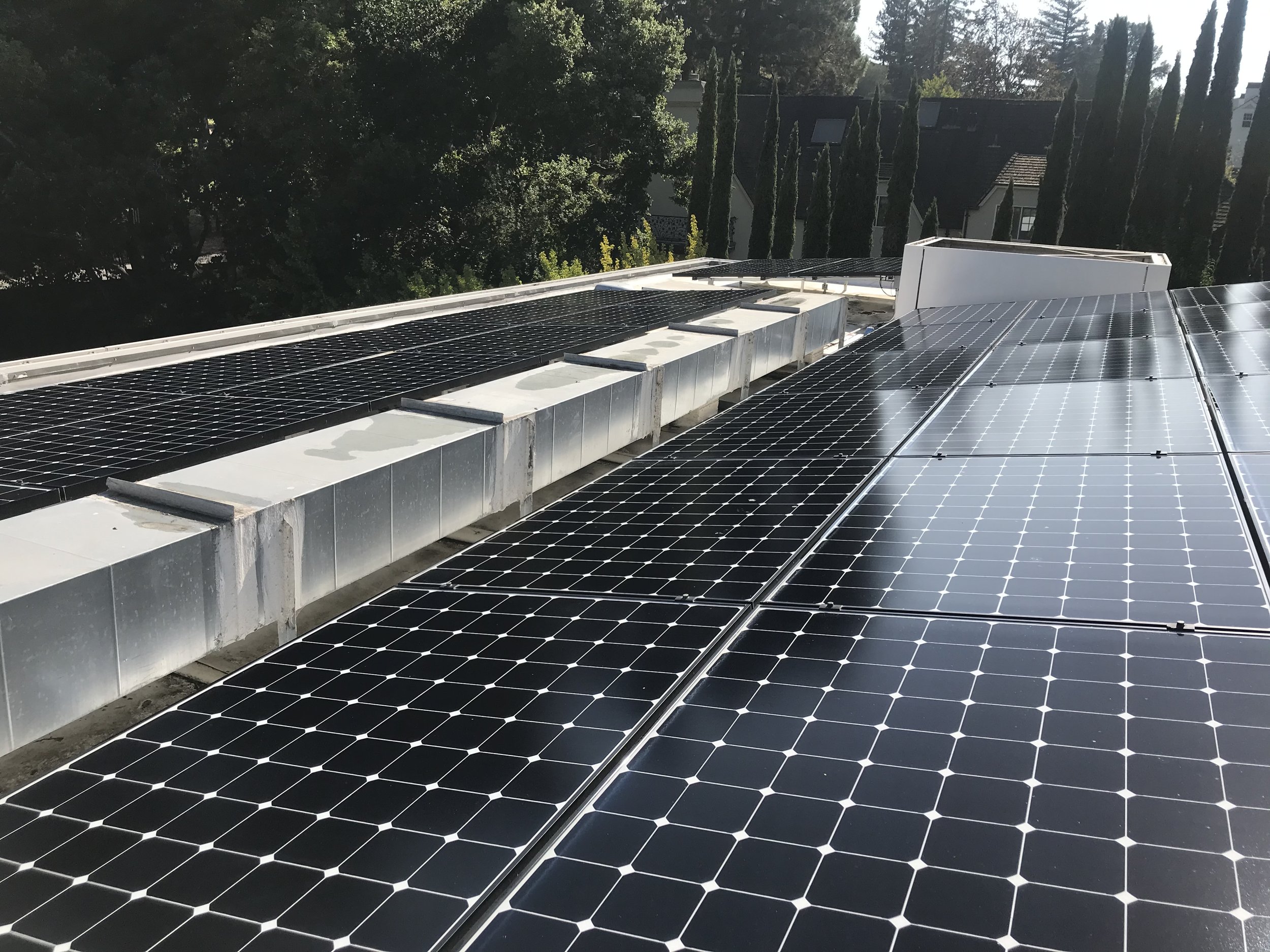 Rooftop solar panels in a residential area