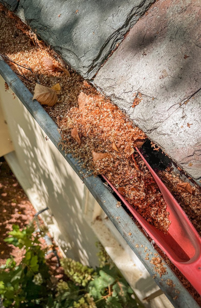 Gutter with leaves and debris being cleaned with a red scoop.