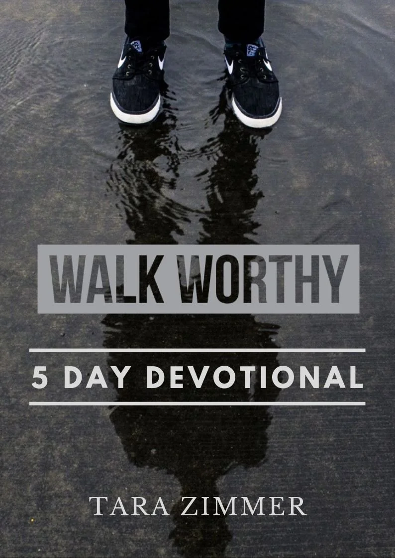 "Walk Worthy 5 Day Devotional" cover with feet in water reflection and author name Tara Zimmer.