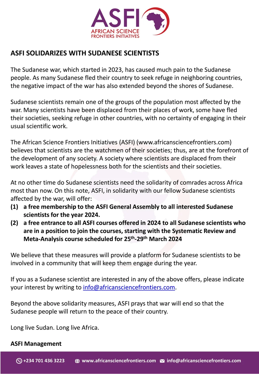 ASFI Solidarity with Sudanese Scientists Amidst War — Malak Foundation ...