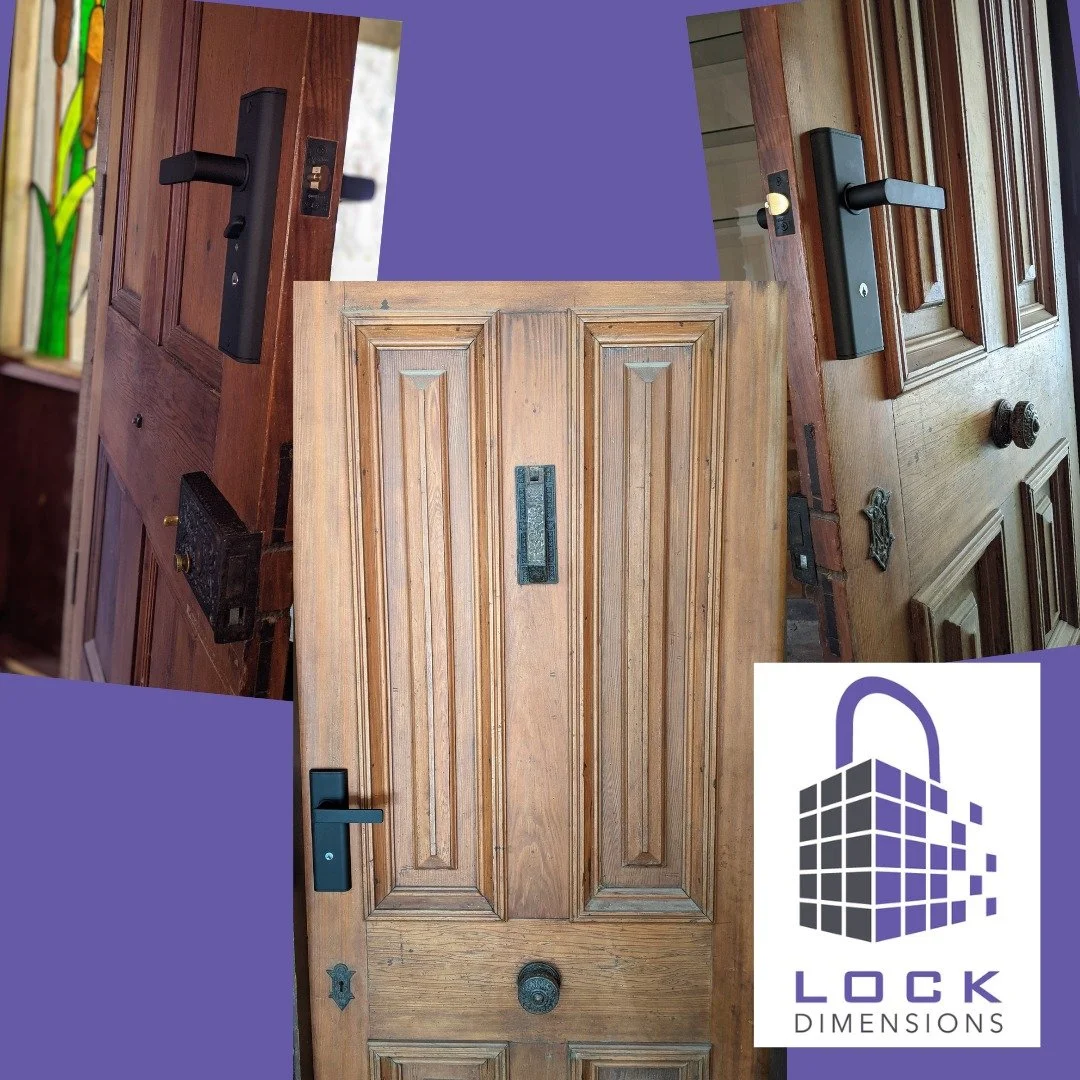 This customer didn't want to change their beautiful 100 year old door, nor remove any of the lovely old hardware, but they did want it easier to use and more secure. So they requested the addition of this Lockwood Nexion, with the old lock being kept