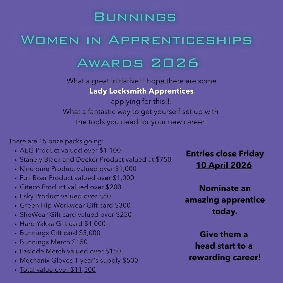 If you're a Lady Locksmith Apprentice and ever want a chat with a fellow Lady Lockey - get in touch! 🤳💬

@bunningstradeau #WomenInTrades #womeninapprenticeships #WomenSupportingWomen #Apprenticeships