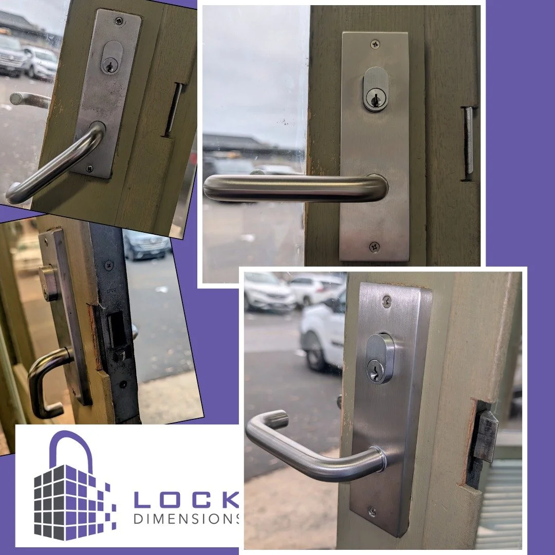 Here's a fun before and after for you - an old lever with a very small, but very important, broken internal part. Meant the lever sagged, causing the latch to stay retracted and the door unlocked. New door furniture, everything now secure, same key a