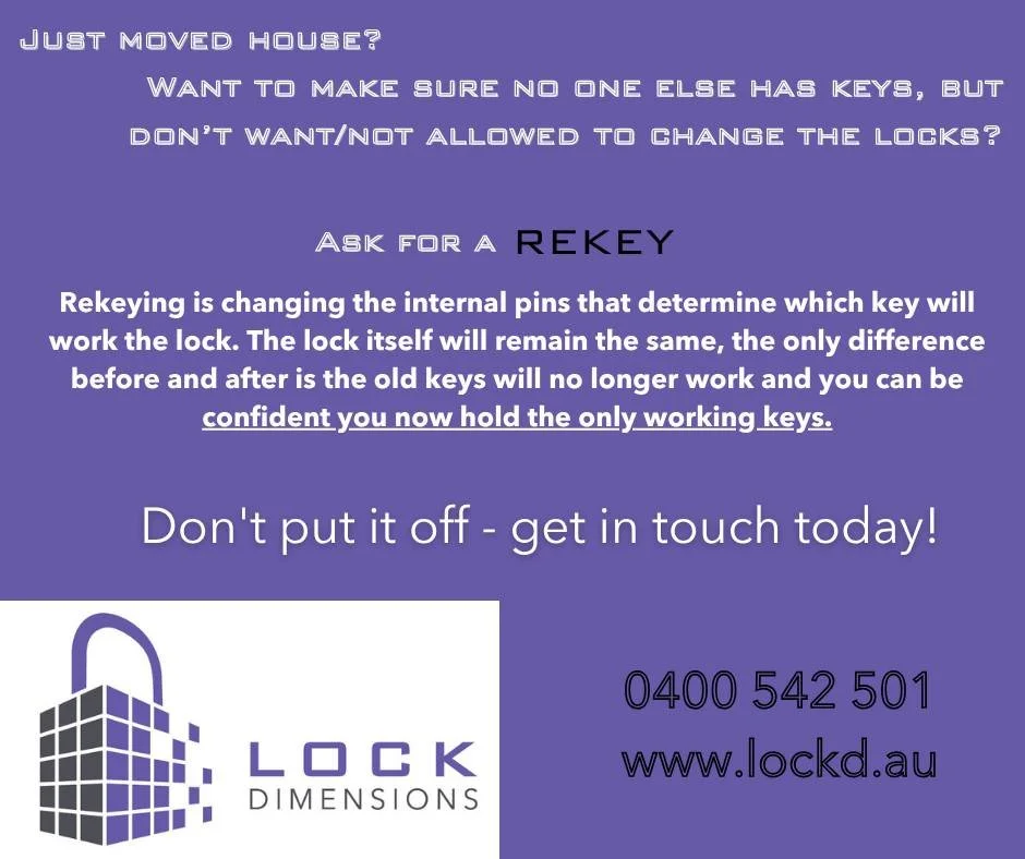 Who has keys to your home? 

You don't have to completely change your locks, we can work our Locksmithing magic instead. Get in touch to find out more.

0400 542 501
www.lockd.au
lyndal@lockd.au

#mobilelocksmith #locksmith #morningtonpeninsulalocksm